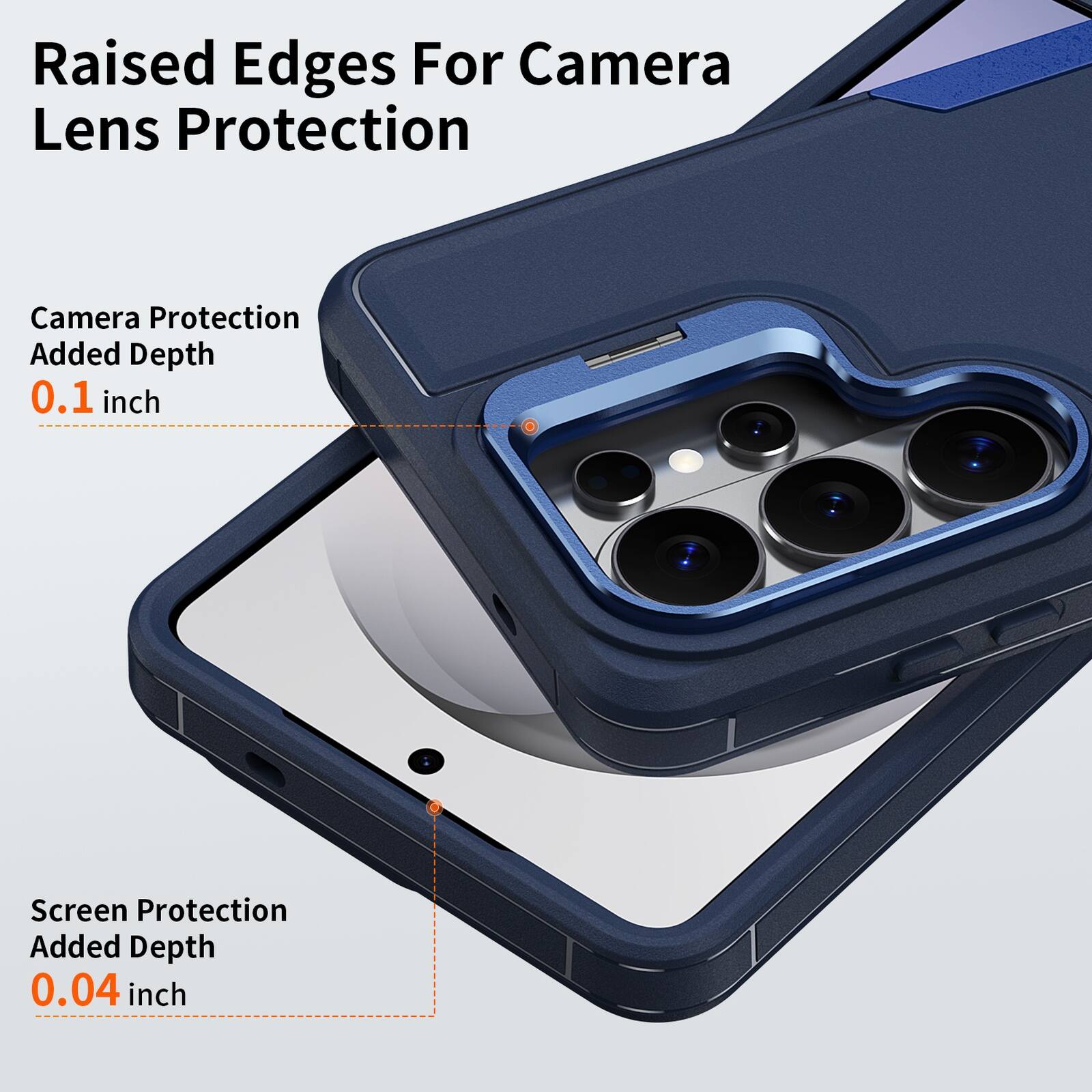 Raised Edges For Camera Lens Protection  
Camera Protection Added Depth 0.1 inch  
Screen Protection Added Depth 0.04 inch