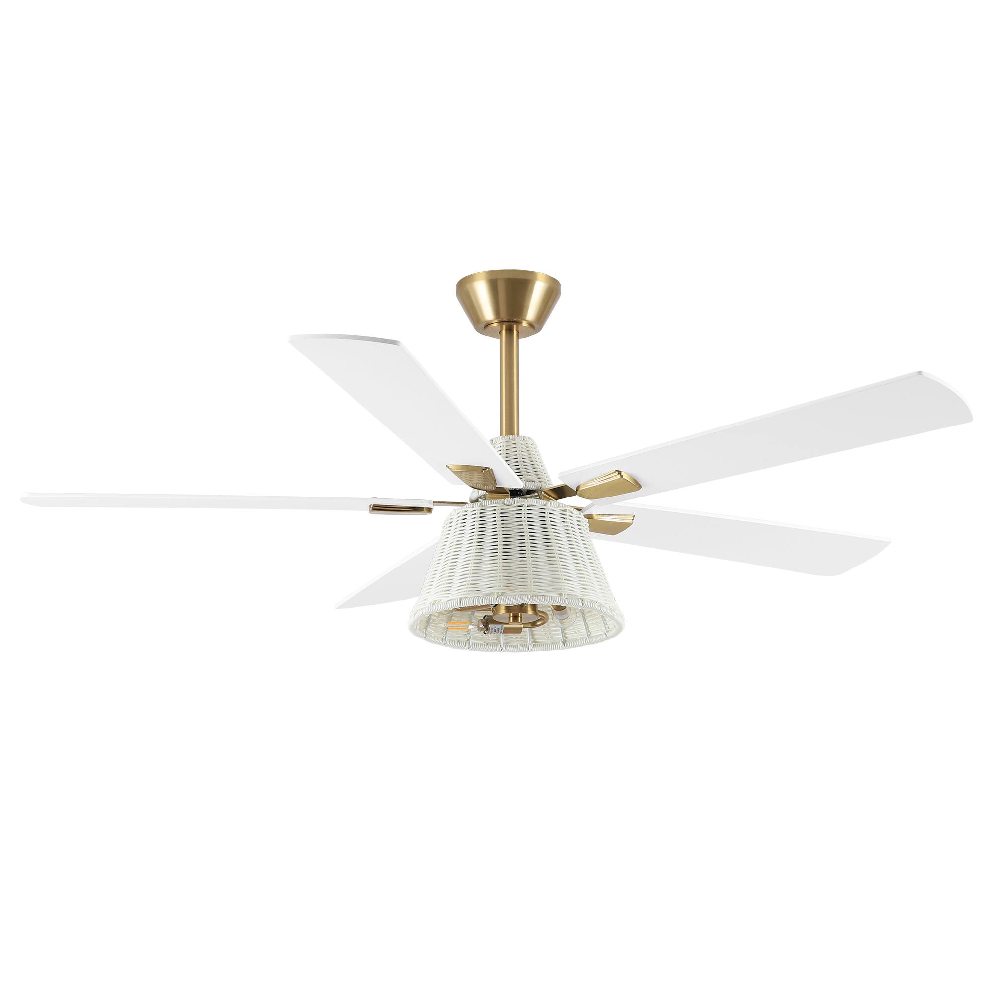 Alt View 7. Parrot Uncle - 52" Bohemian Brass Ceiling Fan with Remote and White Woven Plastic Rattan - Brass.