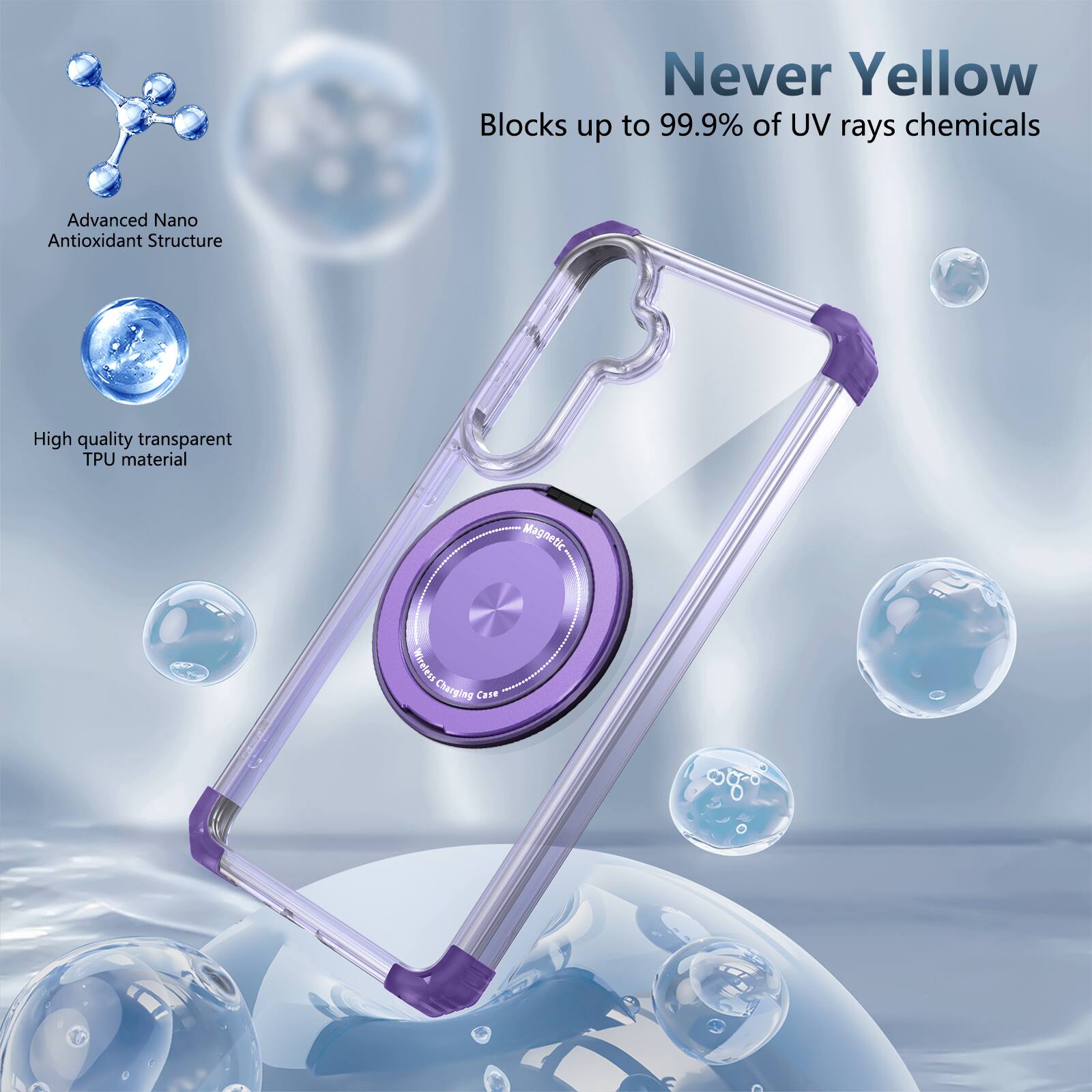 Never Yellow  
Blocks up to 99.9% of UV rays chemicals  
Advanced Nano Antioxidant Structure  
High quality transparent TPU material  
Magnetic N U Charging Case