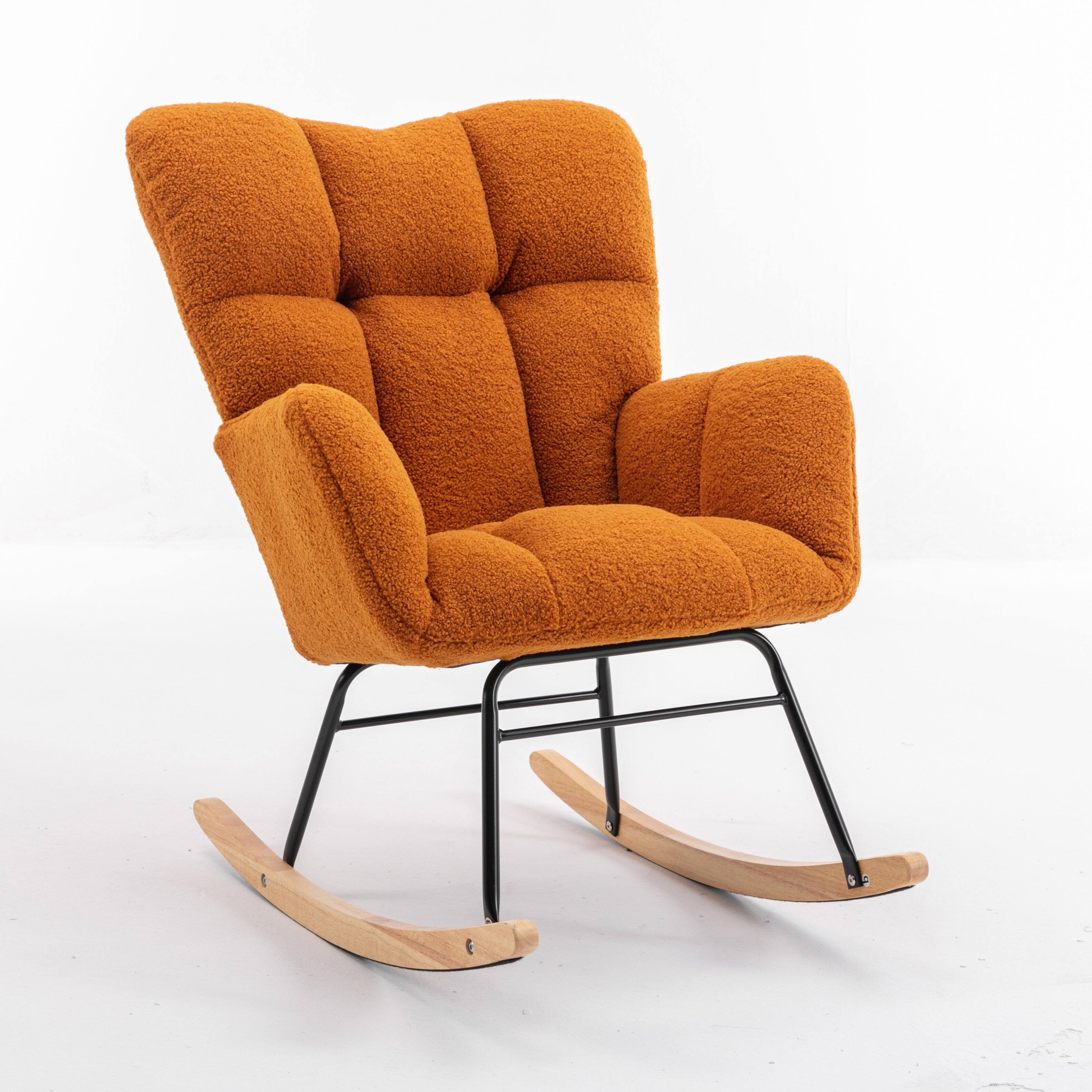 Angle. Whisen - Modern Teddy Fabric Rocking Chair with Sturdy Metal and Wood Base - Caramel.