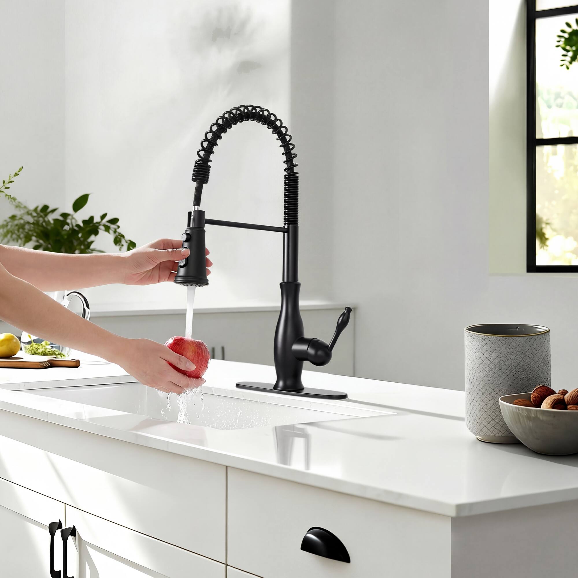 Alt View 7. Akicon - Akicon 3-Function Spring Single Handle Stainless Steel Kitchen Faucet with Pull Down Sprayer in Black - Black.