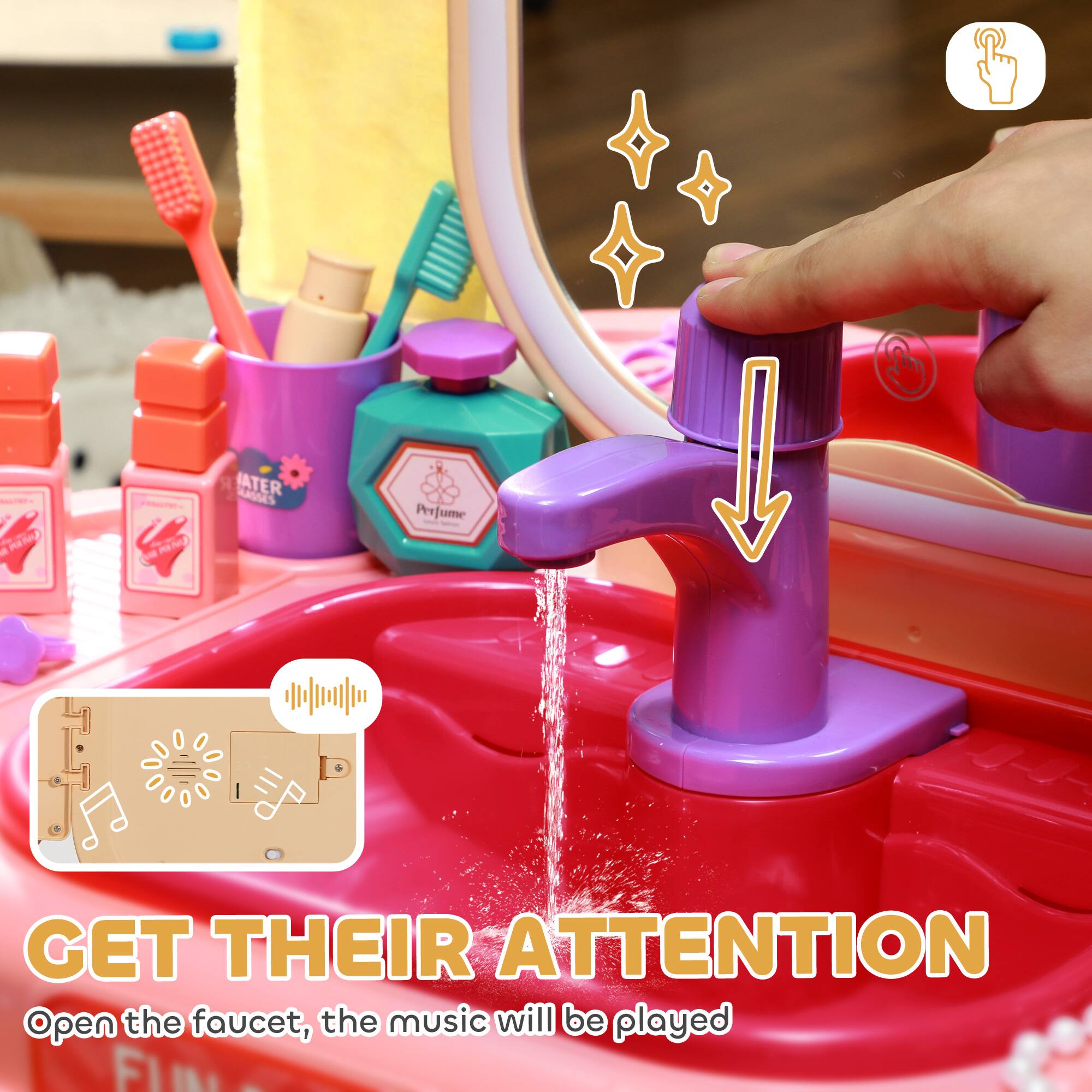 GET THEIR ATTENTION  
Open the faucet, the music will be played