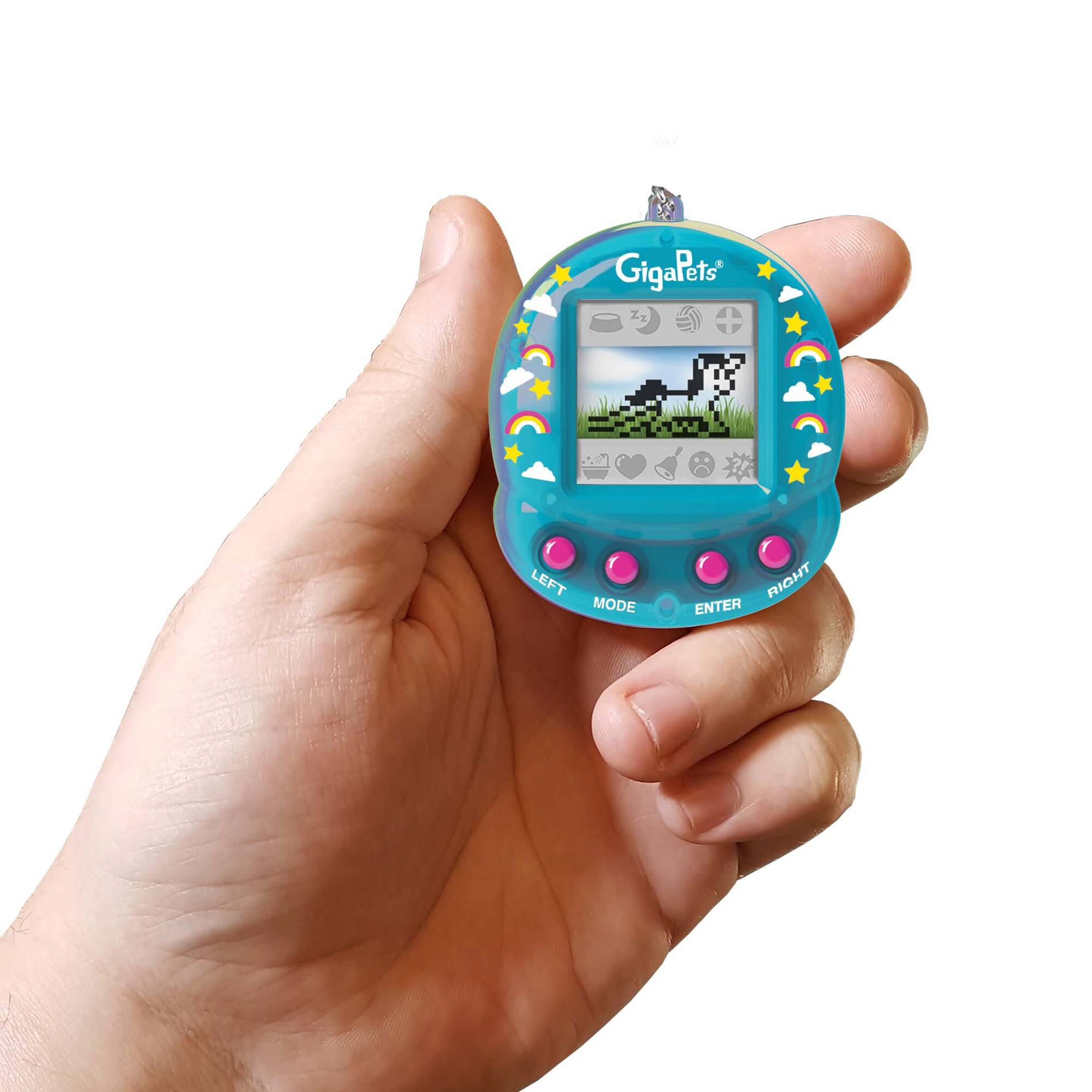 GigaPets is a company that produces electronic toys, specifically a handheld device that resembles a small video game console. The device is designed for children and features a screen that displays a cow on a farm. The device also has buttons for controlling the game, including a left mode button, a right enter button, and other buttons for additional functions. The hand holding the device in the image is likely a child or an adult playing with the GigaPets device.