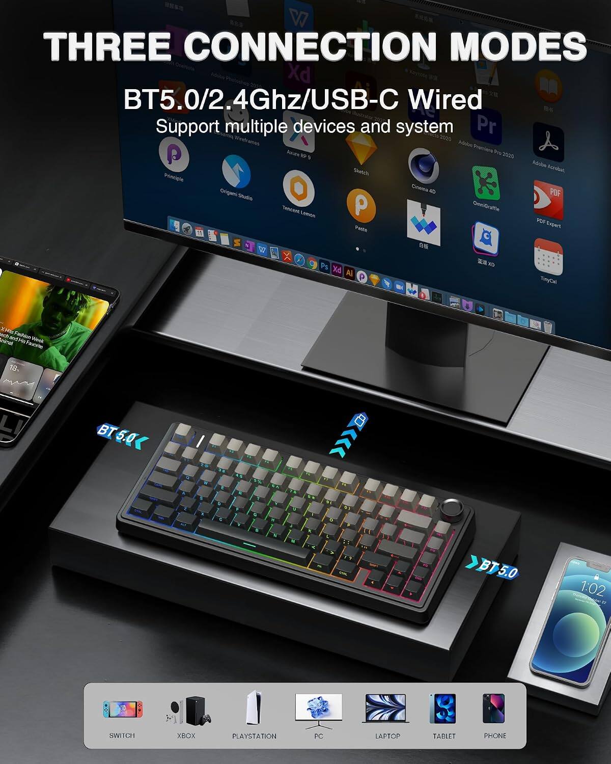THREE CONNECTION MODES  
BT5.0/2.4Ghz/USB-C Wired  
Support multiple devices and system  

Pr  
Axure 19 Pro 2020  
Adobe Acrobat  
Sketch  
Principle  
Origami Studio  
Cinema 4D  
OmniGraffle  
PDF Expert  
Ps  
XD  
AI  
TinyCal  

SWITCH  
XBOX  
PLAYSTATION  
PC  
LAPTOP  
TABLET  
PHONE