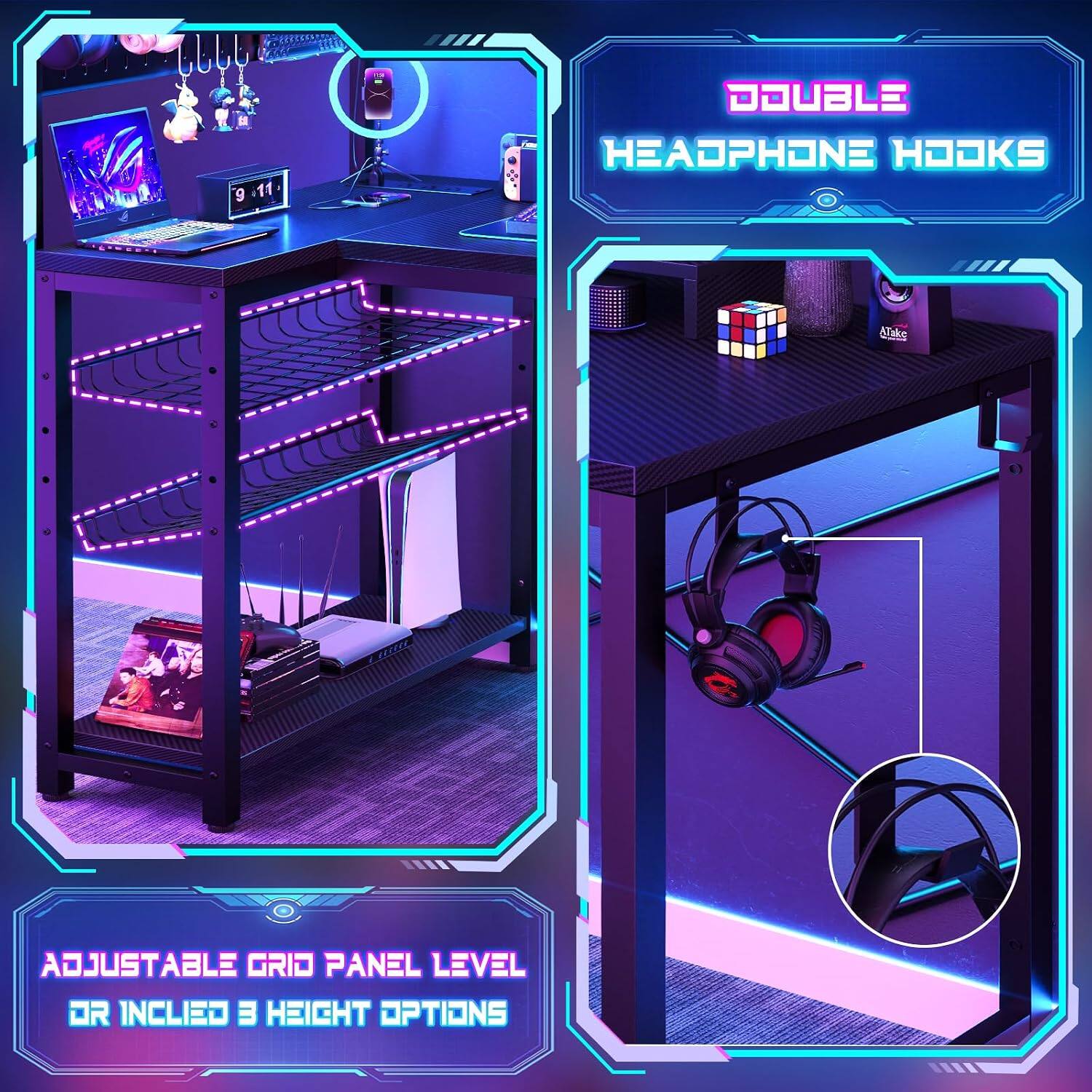 9 11 DOUBLE HEADPHONE HOOKS ATake ADJUSTABLE GRID PANEL LEVEL OR INCLINED 3 HEIGHT OPTIONS