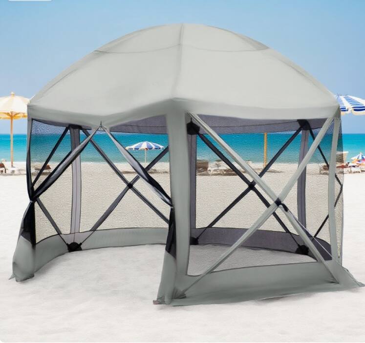 Angle. Tiramisubest - 6-Sided Hexagon Pop Up Party Tent Gazebo with Mesh Walls, 12' x 12', Beige - Beige.