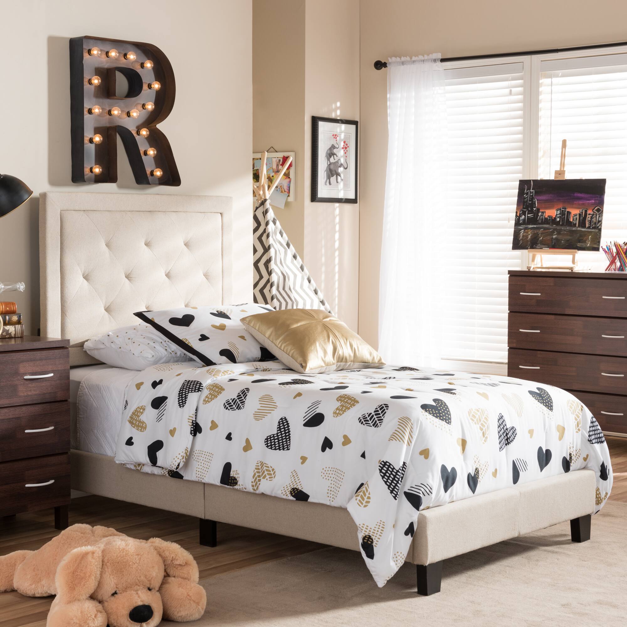 Alt View 1. Baxton Studio - Paris Modern and Contemporary Linen Upholstered Twin Size Tufting Bed - Beige.