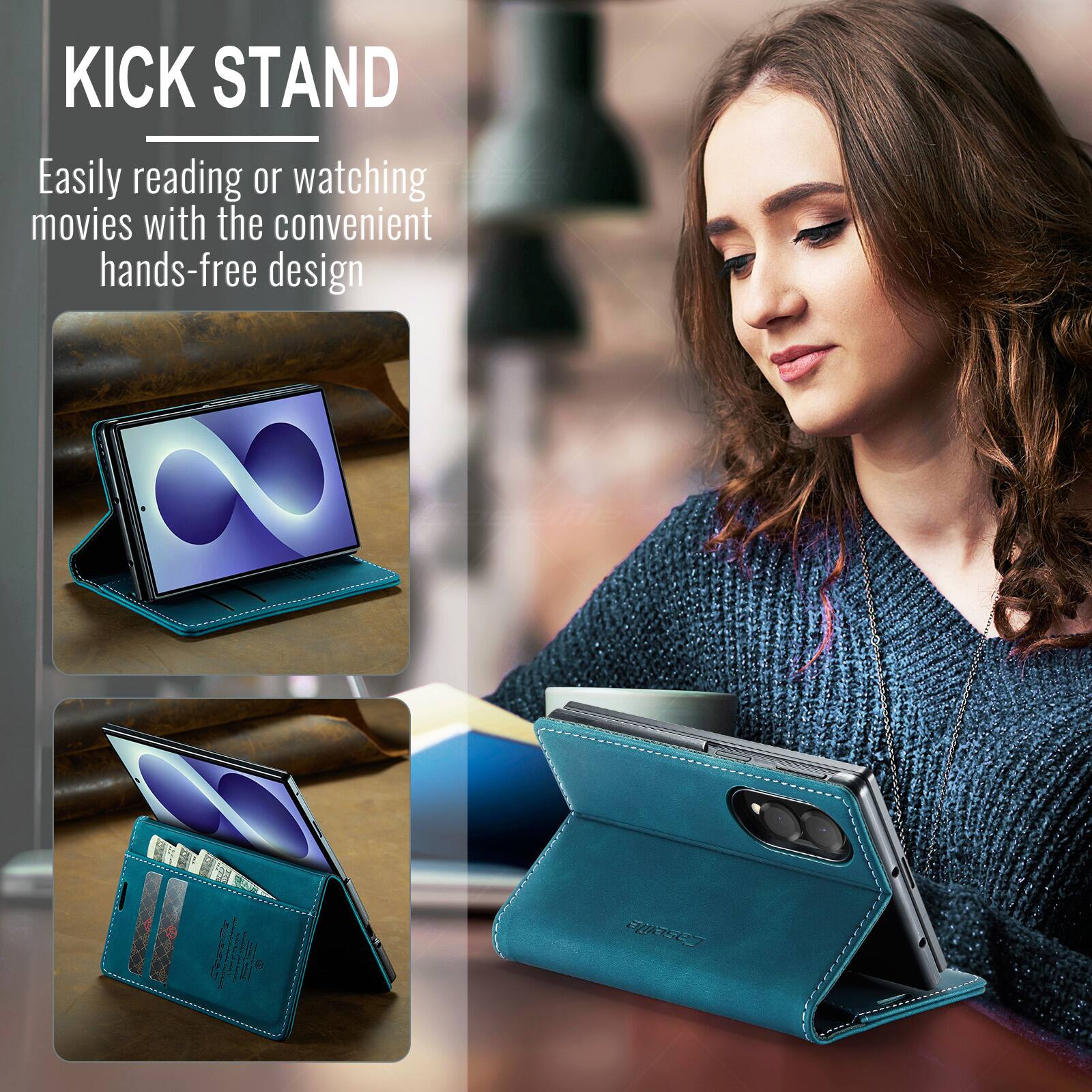 KICK STAND  
Easily reading or watching movies with the convenient hands-free design