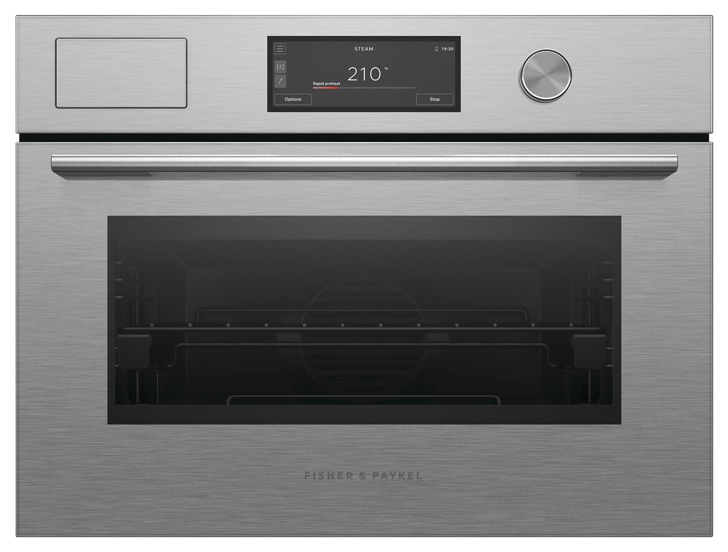 STEAM 0 19:30  
210°  
Rapid preheat  
Options Stop  
FISHER & PAYKEL