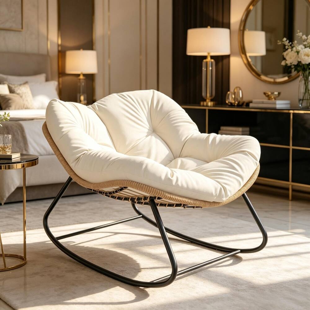 Front. Loheer - Loheer Oversized Rocking Egg Chair with Cushion, Indoor Outdoor Wicker Papasan Chair for Patio Backyard, Beige - Beige.
