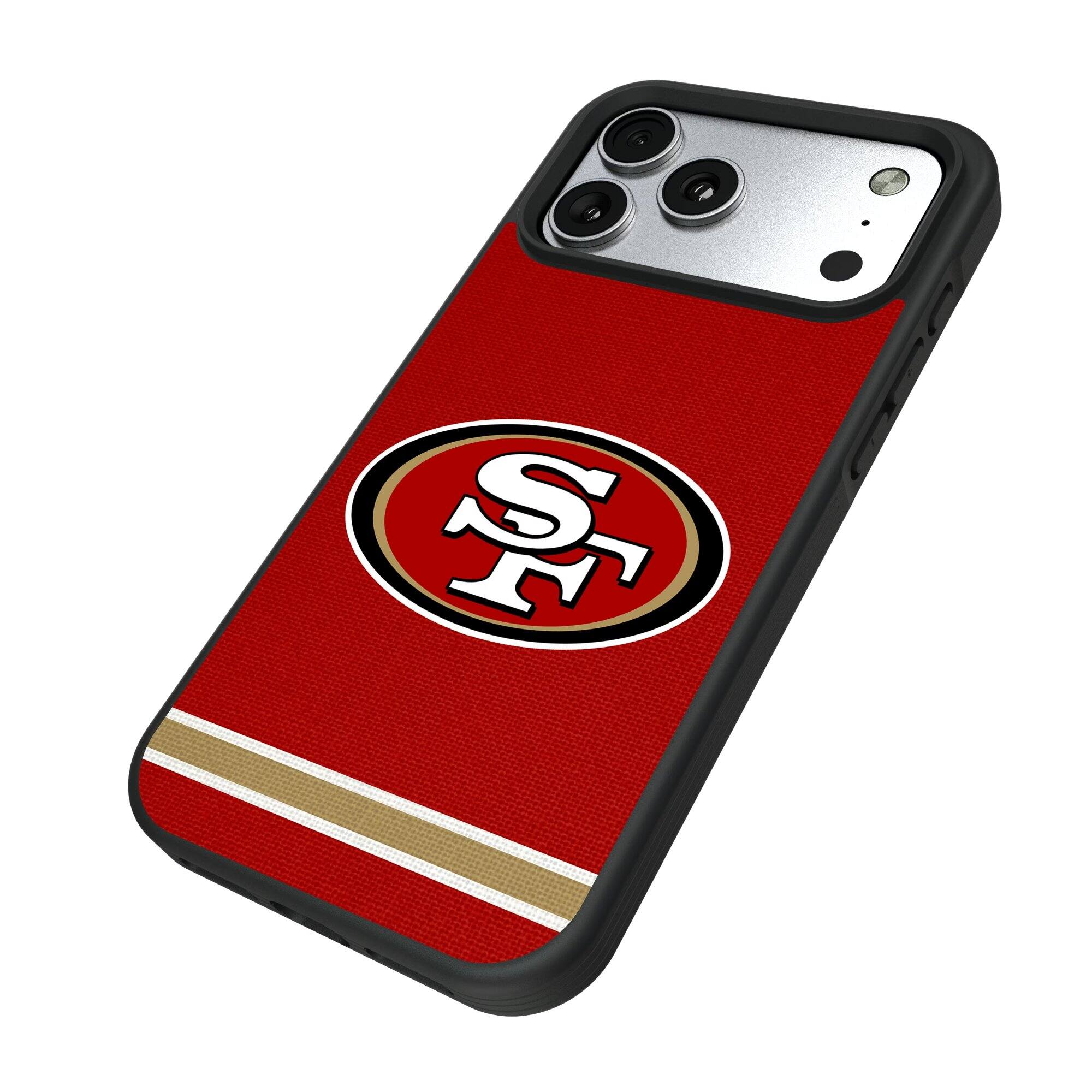 Alt View 1. Keyscaper - San Francisco 49ers iPhone Stripe Design Bump Case - 15 Plus - Multicolor.