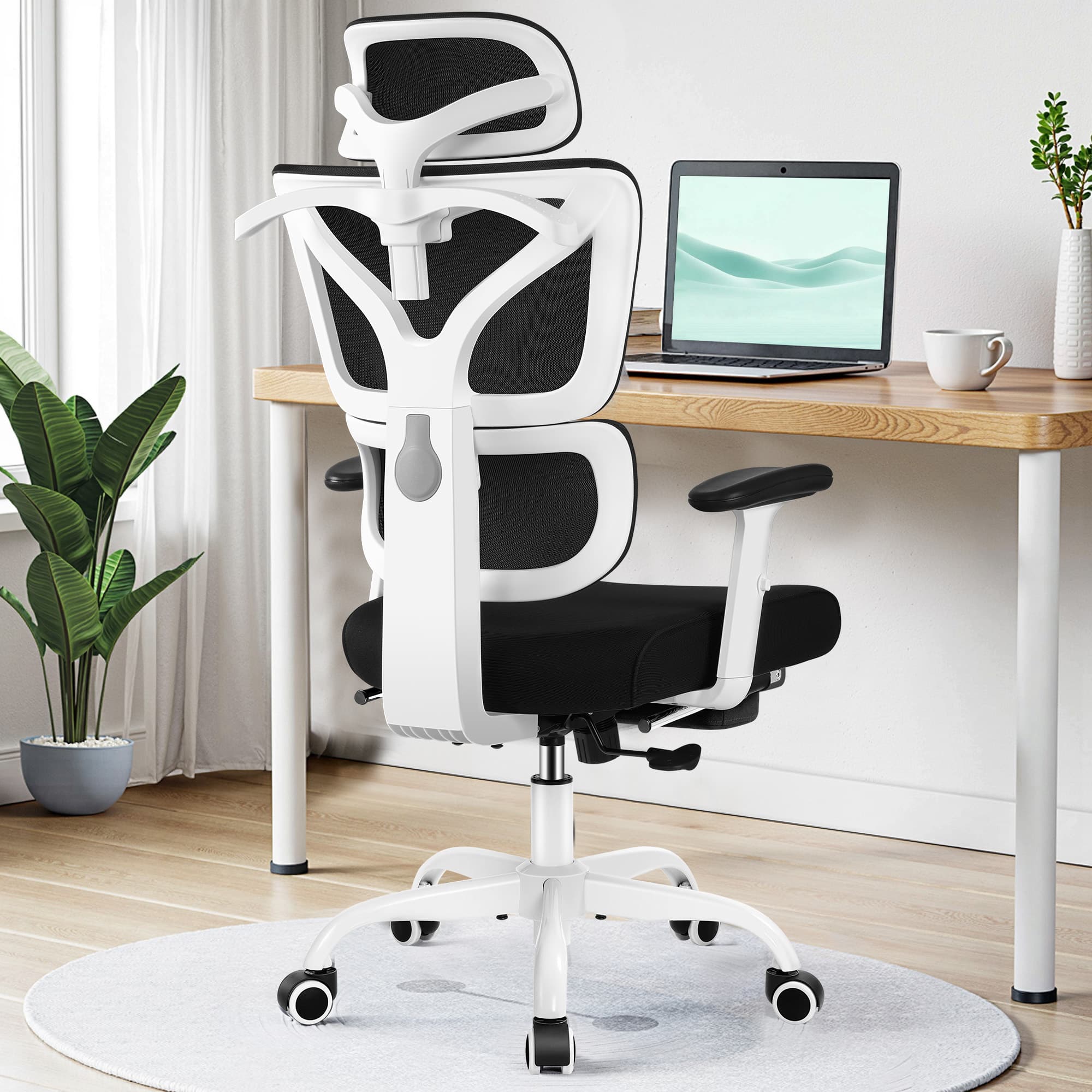 KERDOM - Home Office Ergonomic Mesh Task Chair with Headrest and Footrest, Adjustable Lumbar Support & Lifting Armrests, Tilt - White