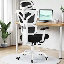KERDOM - Home Office Ergonomic Mesh Task Chair with Headrest and Footrest, Adjustable Lumbar Support & Lifting Armrests, Tilt - White