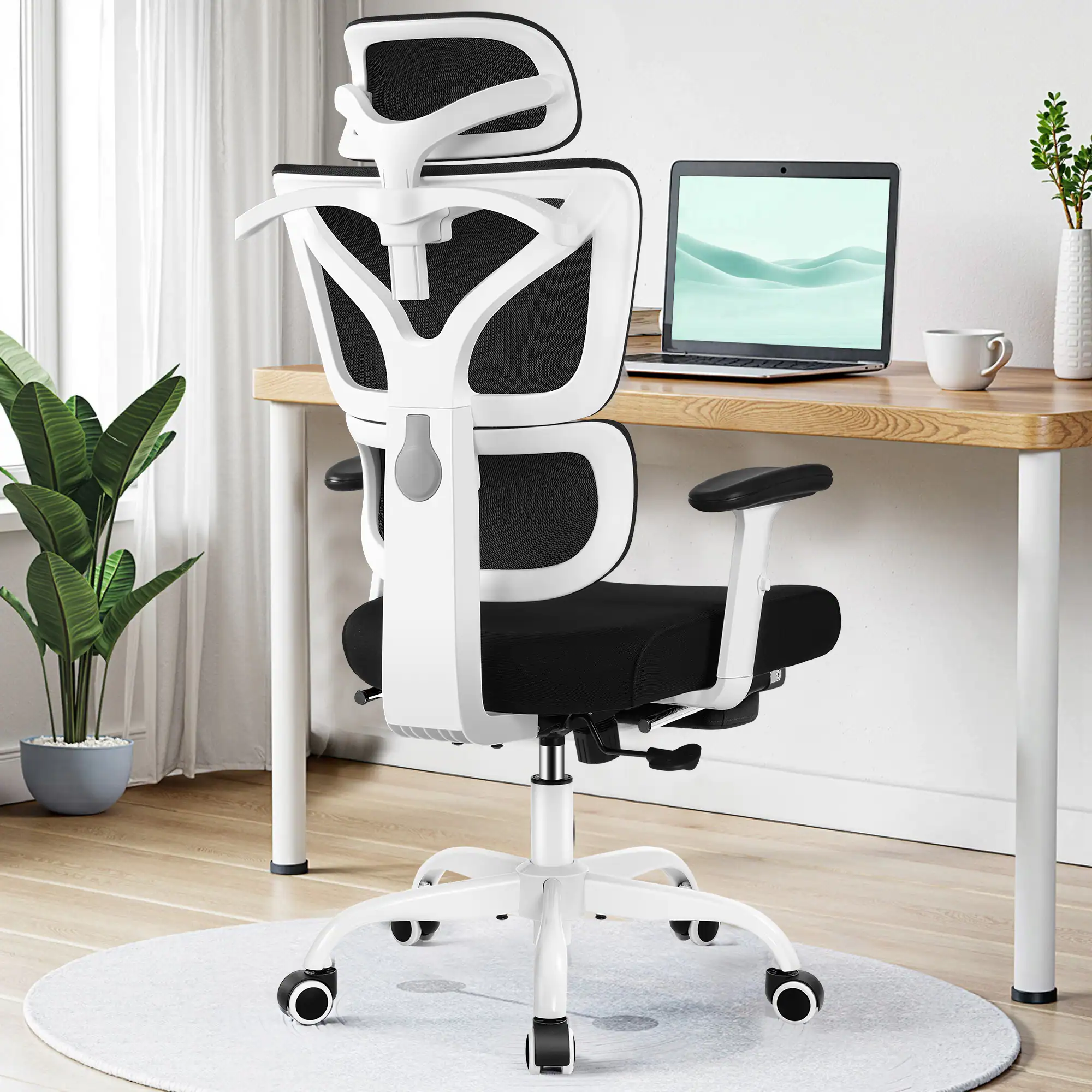 Front. KERDOM - Home Office Ergonomic Mesh Task Chair with Headrest and Footrest, Adjustable Lumbar Support & Lifting Armrests, Tilt - White.