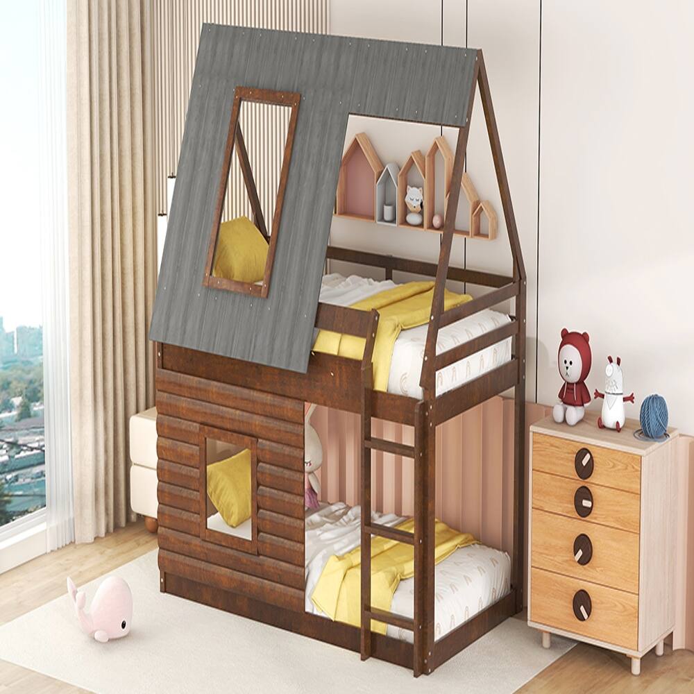 Alt View 1. Loheer - Loheer Wood Twin Over Twin House Bunk Bed with Roof and Windows Oak - Oak & Smoky Grey.