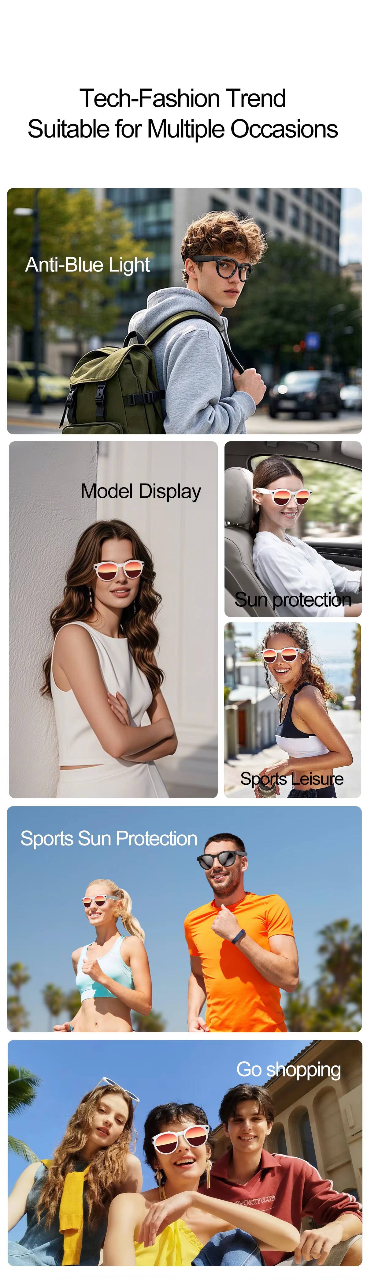 Tech-Fashion Trend  
Suitable for Multiple Occasions  

Anti-Blue Light  

Model Display  

Sun protection  

Sports Leisure  

Sports Sun Protection  

Go shopping