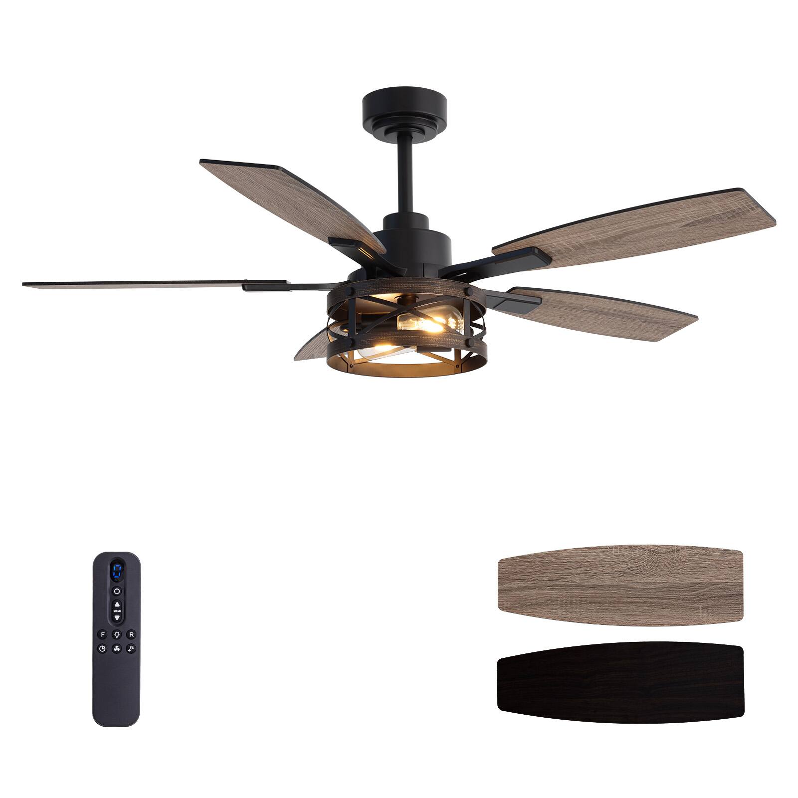 Front. Siljoy - 52-in Rustic Cage Ceiling Fan with Walnut or Black Color Blades Ceiling Fan With Light - Remote Included ( 5-Blade ) - Black and Gold Accents.