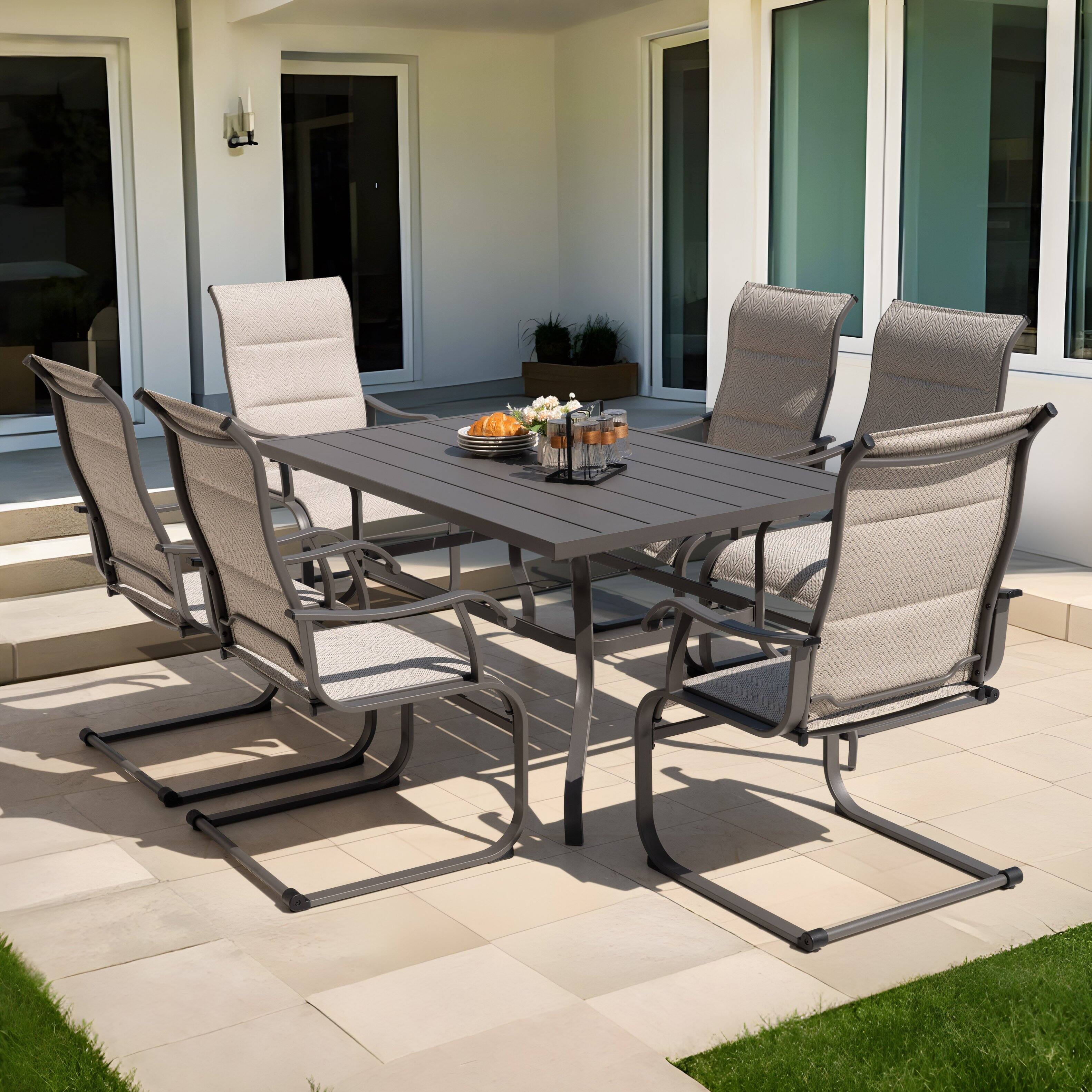 Angle. Nuu Garden - Patio 7-Piece Dining Table Set with Umbrella Hole and Textilene Chairs - Beige and Gray.