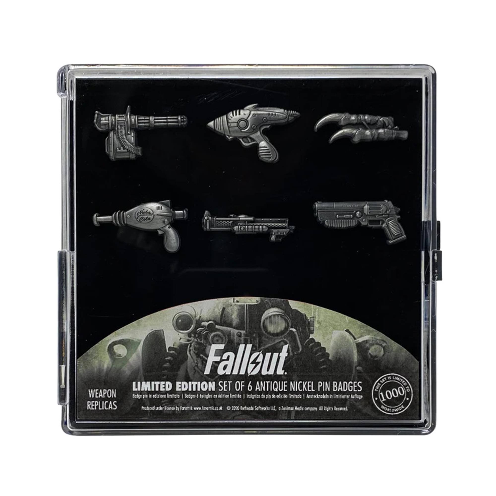 Cole Falleut TRIT-SET SEY UMITED LIMITED EDITION SET OF 6 ANTIQUE NICKEL PIN BADGES SINA TO WEAPON Balor B I nddione Sngtity Setign I fpingles " MTia Imtole - Polgria d d de ni_ca Sminets Aestedkedels e tfep 1000 REPLICAS Produced ader Fona h www * 0 2006 Tntard Sefhwaro  i Beds nothinto_racibe A Eght Recared NoR OWIDE

---

**Corrected Text:**

Cole Falleut TRIT-SET SEY LIMITED EDITION SET OF 6 ANTIQUE NICKEL PIN BADGES WEAPON REPLICAS

Fallout

LIMITED EDITION SET OF 6 ANTIQUE NICKEL PIN BADGES

Produced under license by: www.fallen.uk © 2006 Bethesda Softworks, LLC. A ZeniMax Media Company. All Rights Reserved.

1000 WORLD WIDE