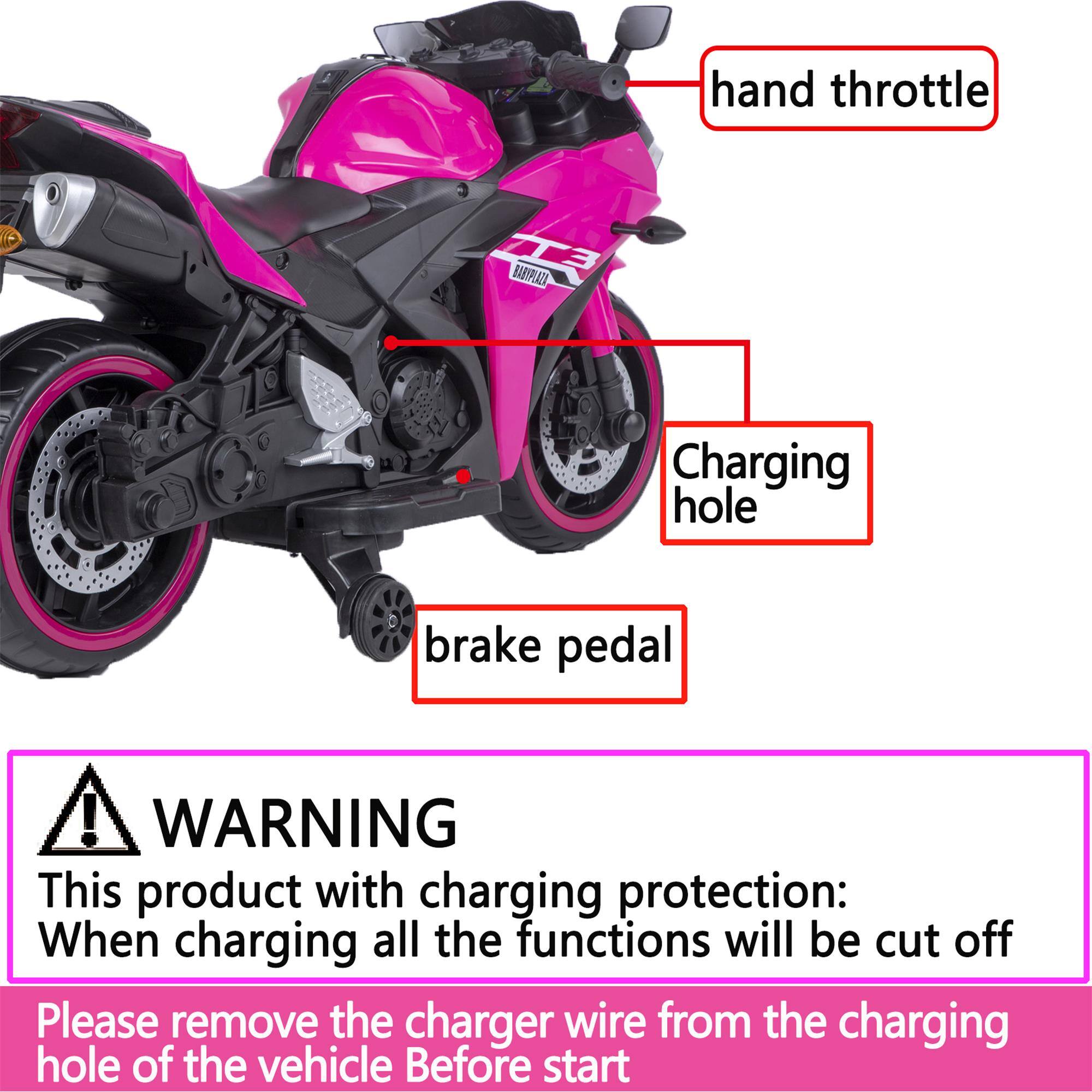 hand throttle  
ET BABYPLAZA  
Charging hole  
brake pedal  

! WARNING  
This product with charging protection: When charging all the functions will be cut off  
Please remove the charger wire from the charging hole of the vehicle Before start