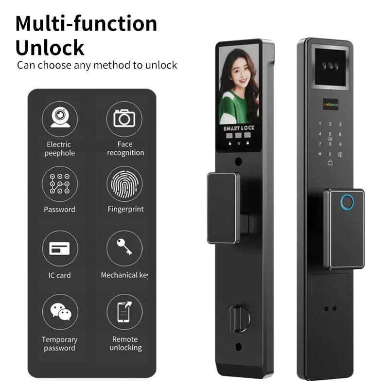 Multi-function Unlock  
Can choose any method to unlock  

- Electric peephole  
- Face recognition  
- Password  
- Fingerprint  
- IC card  
- Mechanical key  
- Temporary password  
- Remote unlocking
