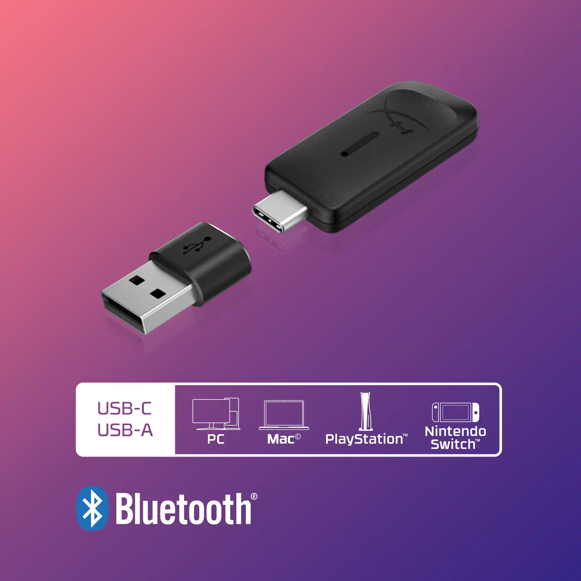 The text on the image reads: "USB-C USB-A PC - Nintendo Mac PlayStation Switch I  Bluetooth." This text is grouped and corrected as follows:

"USB-C USB-A PC - Nintendo Mac PlayStation Switch I Bluetooth."