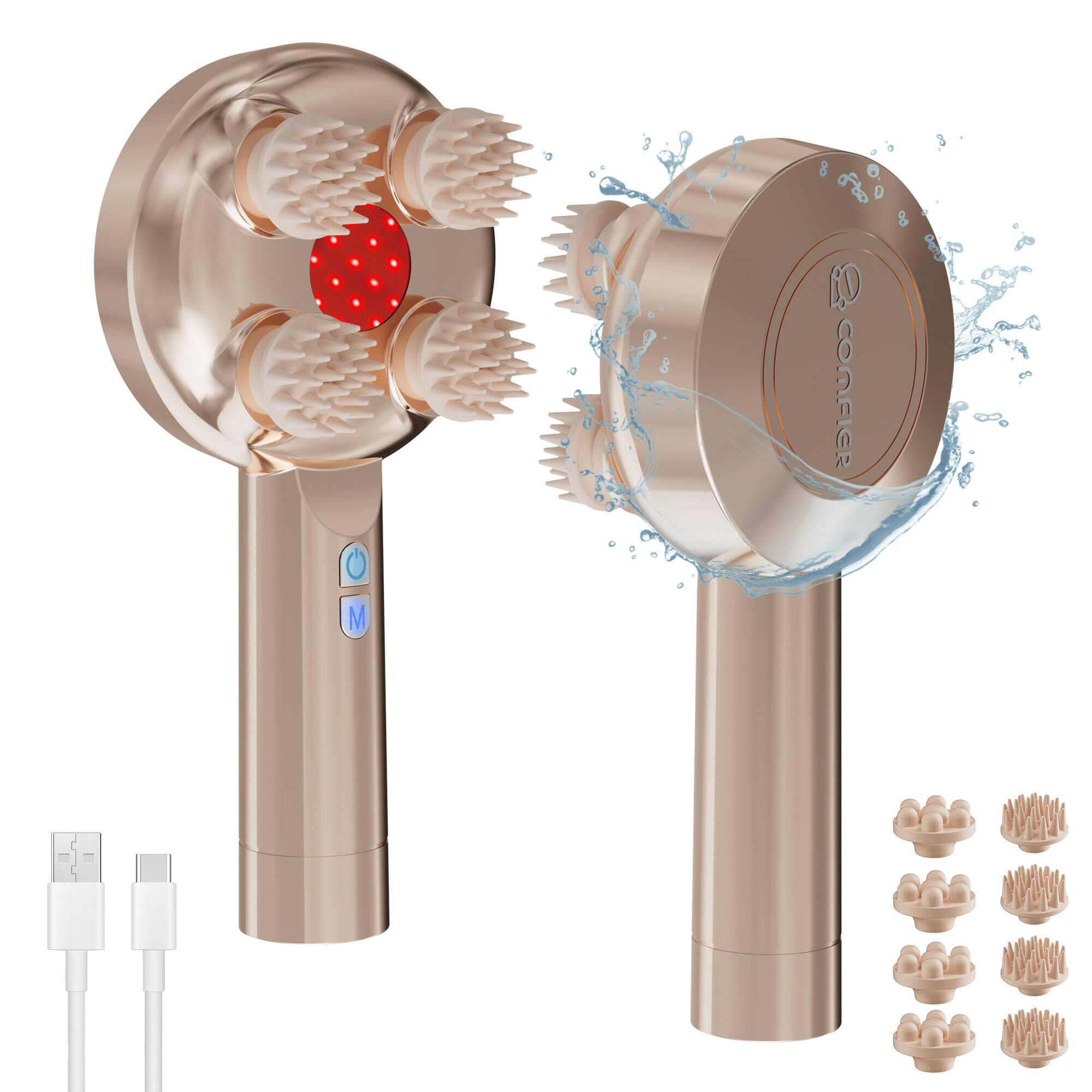 Left. Comfier - Cordless Handheld Scalp Massager with 8 Silicone Claws - Gold.