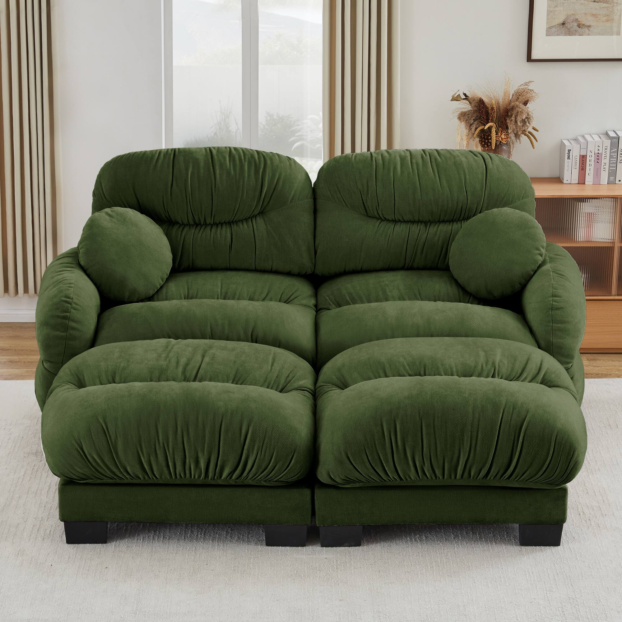 Left. Anysun - L Shape 2-Seater Modular Sofa with 2 Ottomans, High-Density Foam & Curved Armrests, Pleated Design for Living Room - Green.