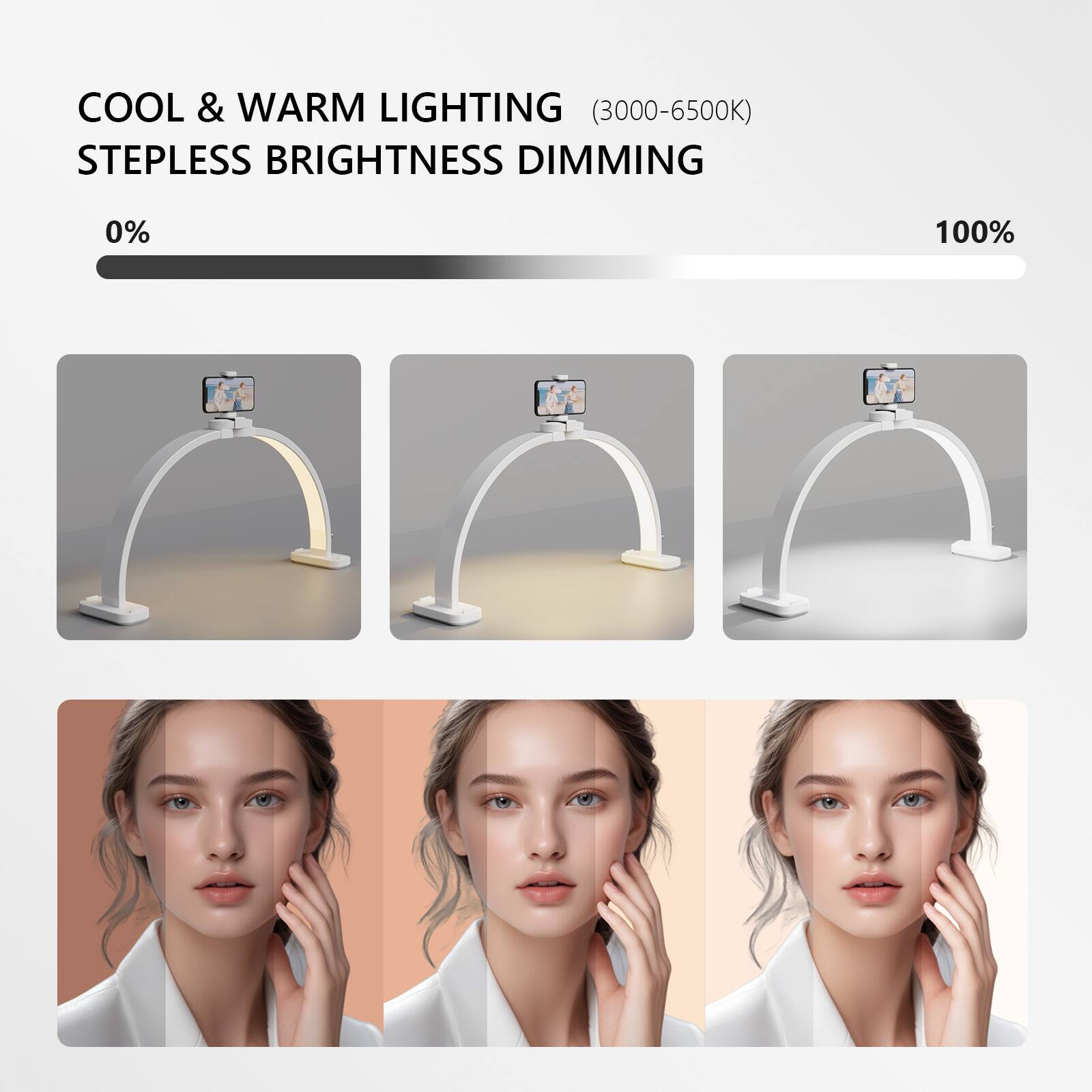 COOL & WARM LIGHTING (3000-6500K)  
STEPLESS BRIGHTNESS DIMMING  
0% 100%