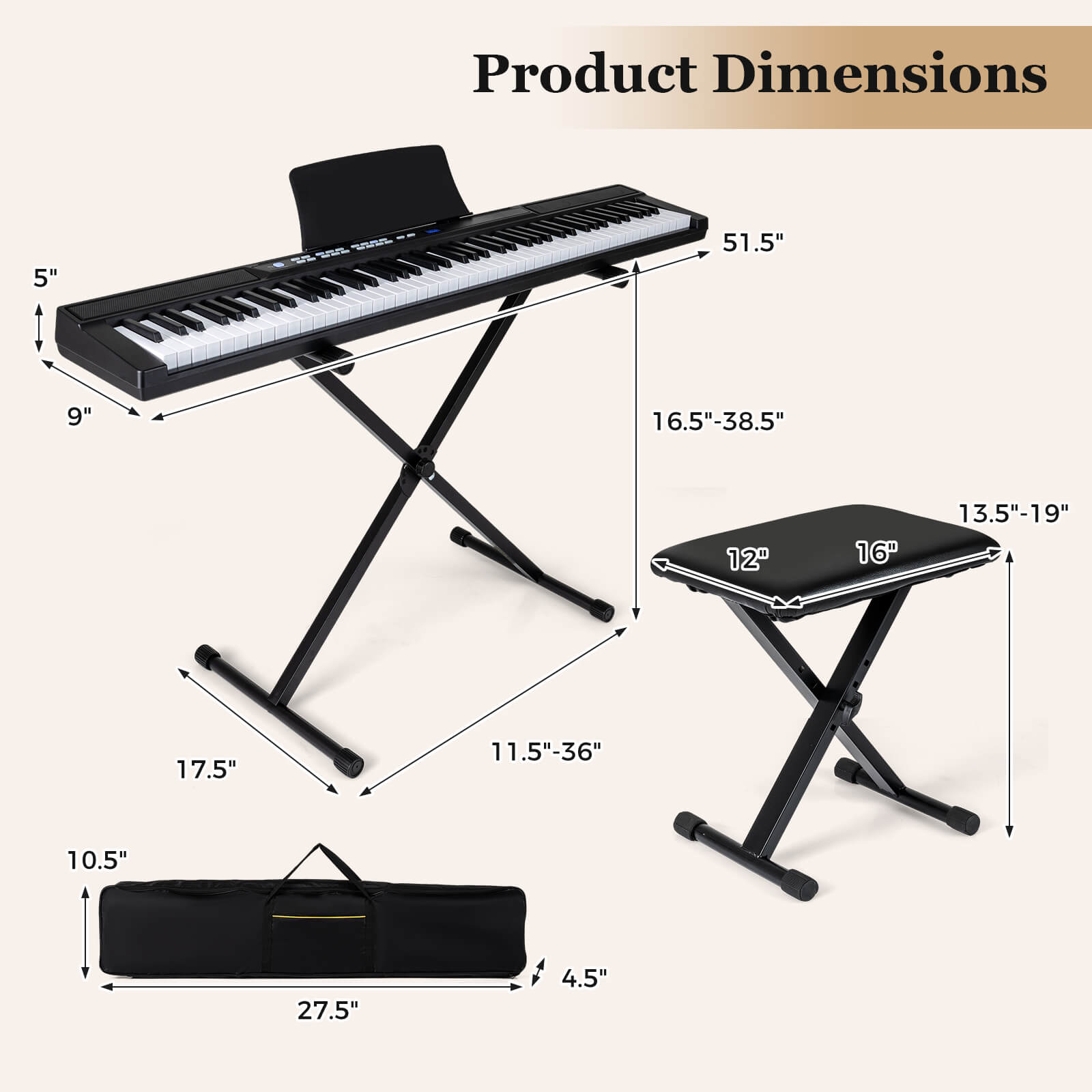 Product Dimensions

- Width: 51.5"
- Depth: 16.5"-38.5"
- Height: 9"
- Stand Width: 12"
- Stand Height: 16"
- Stand Depth: 13.5"-19"
- Stand Leg Width: 11.5"-36"
- Stand Leg Height: 17.5"
- Case Length: 27.5"
- Case Width: 10.5"
- Case Height: 4.5"