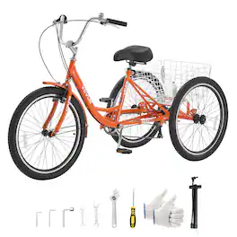 VEVOR - Adult Tricycle 24 inch 7 Speed Trikes for Adult 3 Wheel Cruiser Bike, w/ Cargo Basket, Adjustable Seat, and Double-Wall - Red