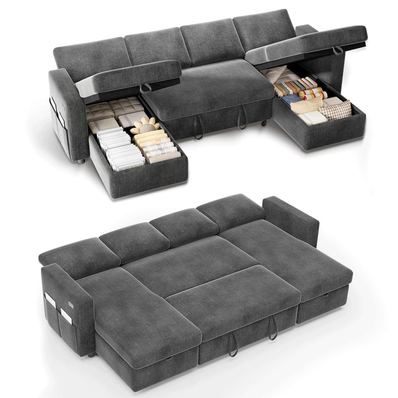 Front. Vipbear - 81" U Shaped Pull Out Couches for Living Room with Storage Chaise, USB Port&Cupholder - Grey.