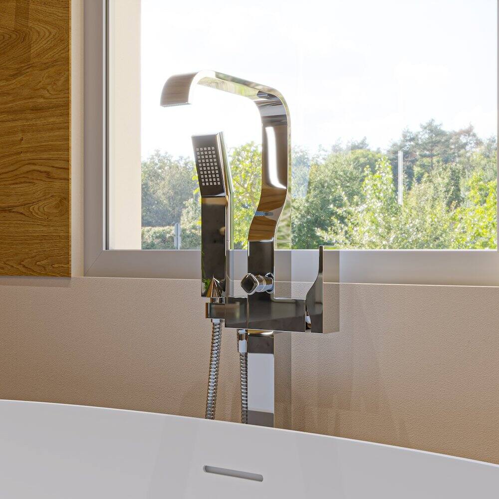 Alt View 1. Alfi - Polished Chrome Single Lever Floor Mounted Tub Filler Mixer w Hand Held Shower Head - Polished Chrome.