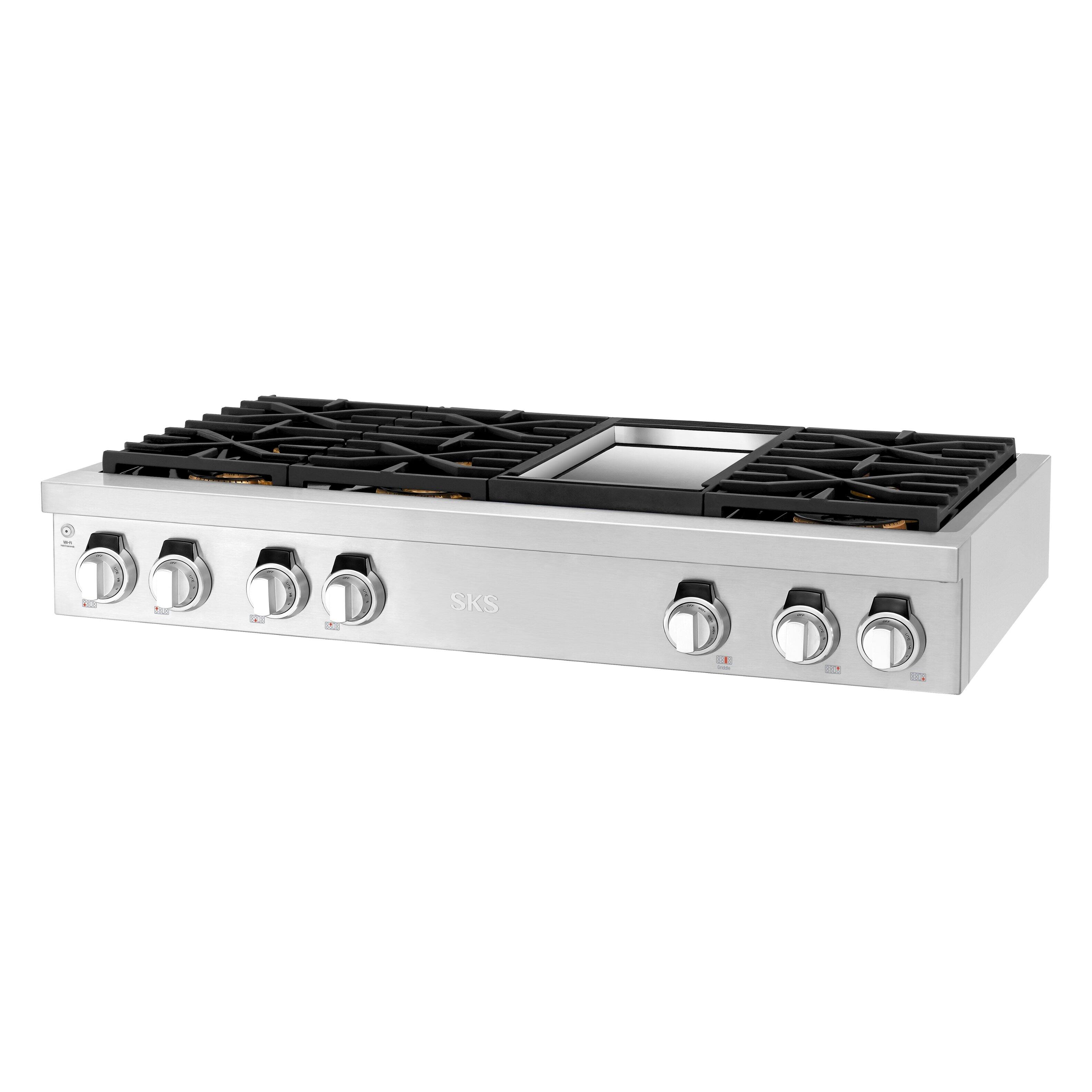 Angle. SKS - Professional Series 48-inch Gas Rangetop with Smart Knobs and Chromium Griddle, 6 Burners - Stainless Steel.