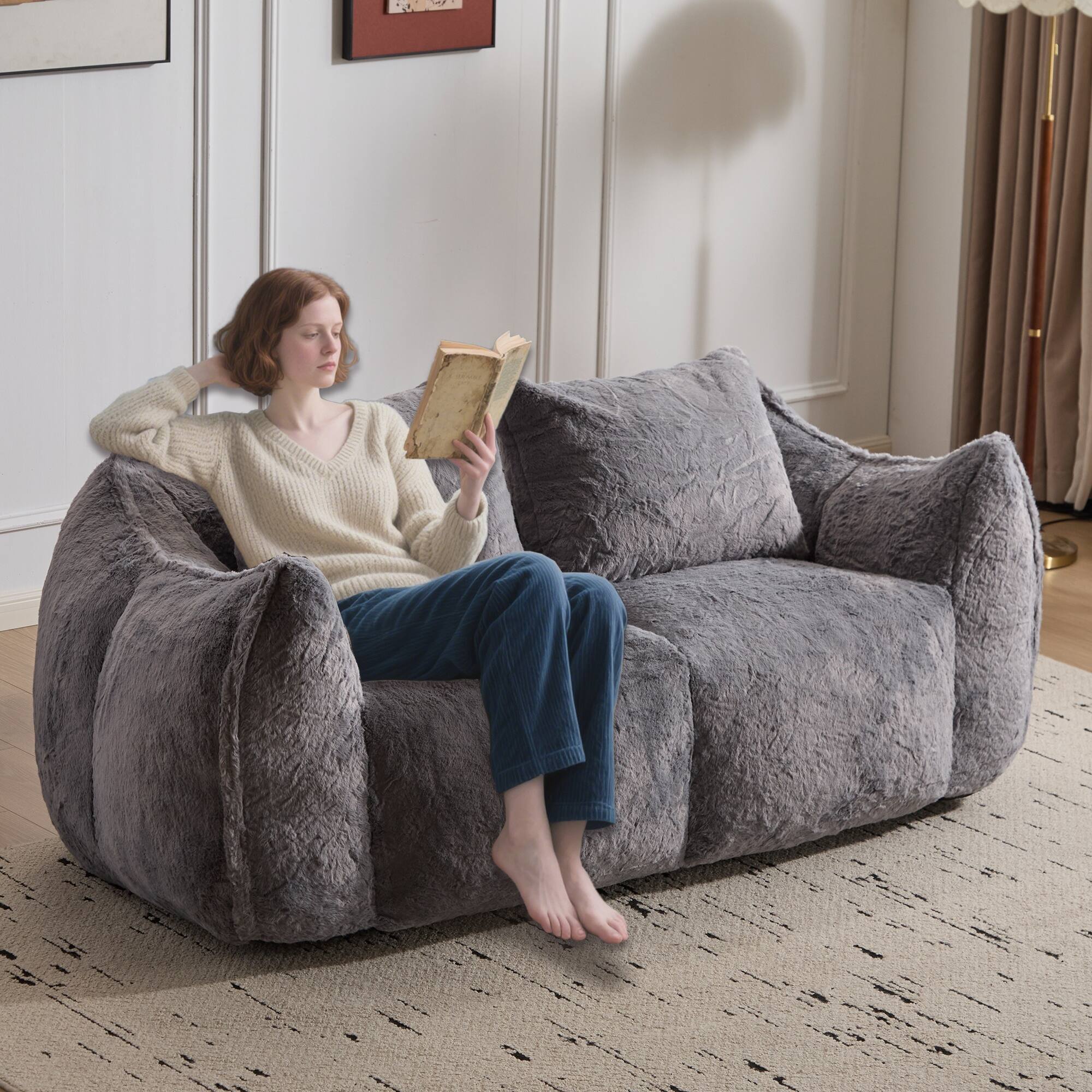 Left. Boyel Living - Oversized 2-Person Foam-Filled Bean Bag Sofa with Pillows - Grey.