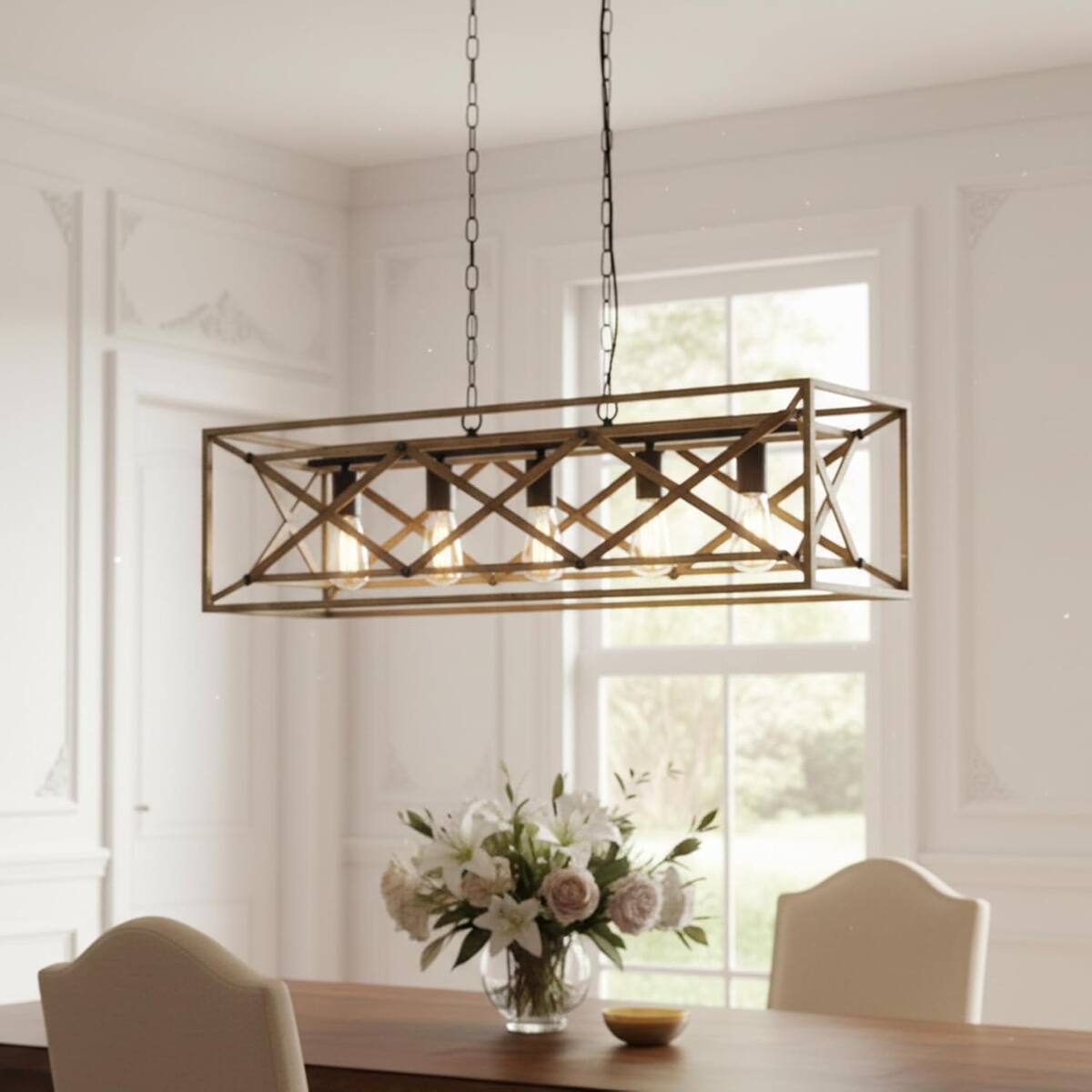 Back. Loheer - Loheer 5-Light Kitchen Island Chandelier, Black and Wood Farmhouse Pendant Light.