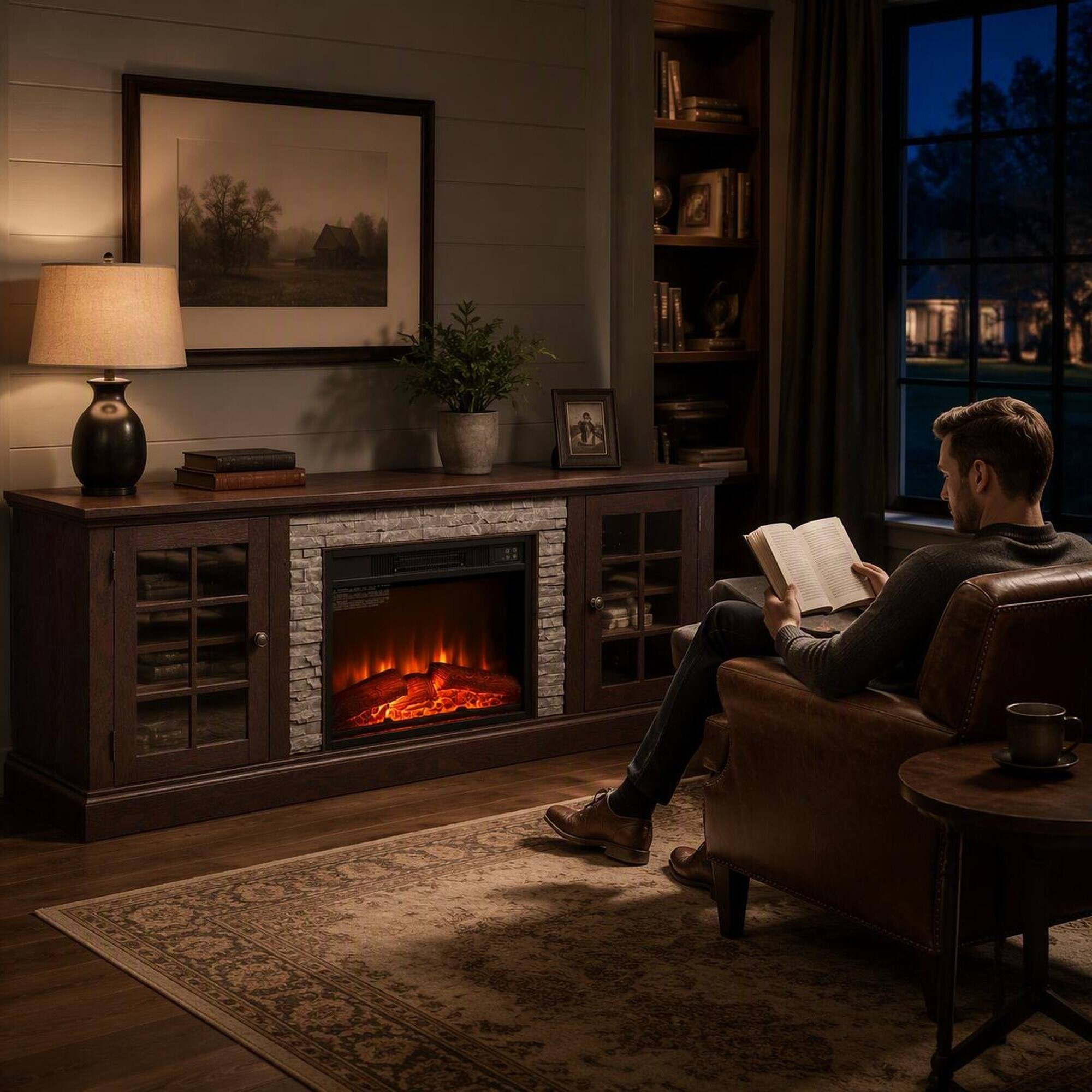 Left. RYHNUYNE - 70-Inch Electric Fireplace TV Stand with Faux Stone Finish, Dual Storage Cabinets, Adjustable Shelves - Cherry.