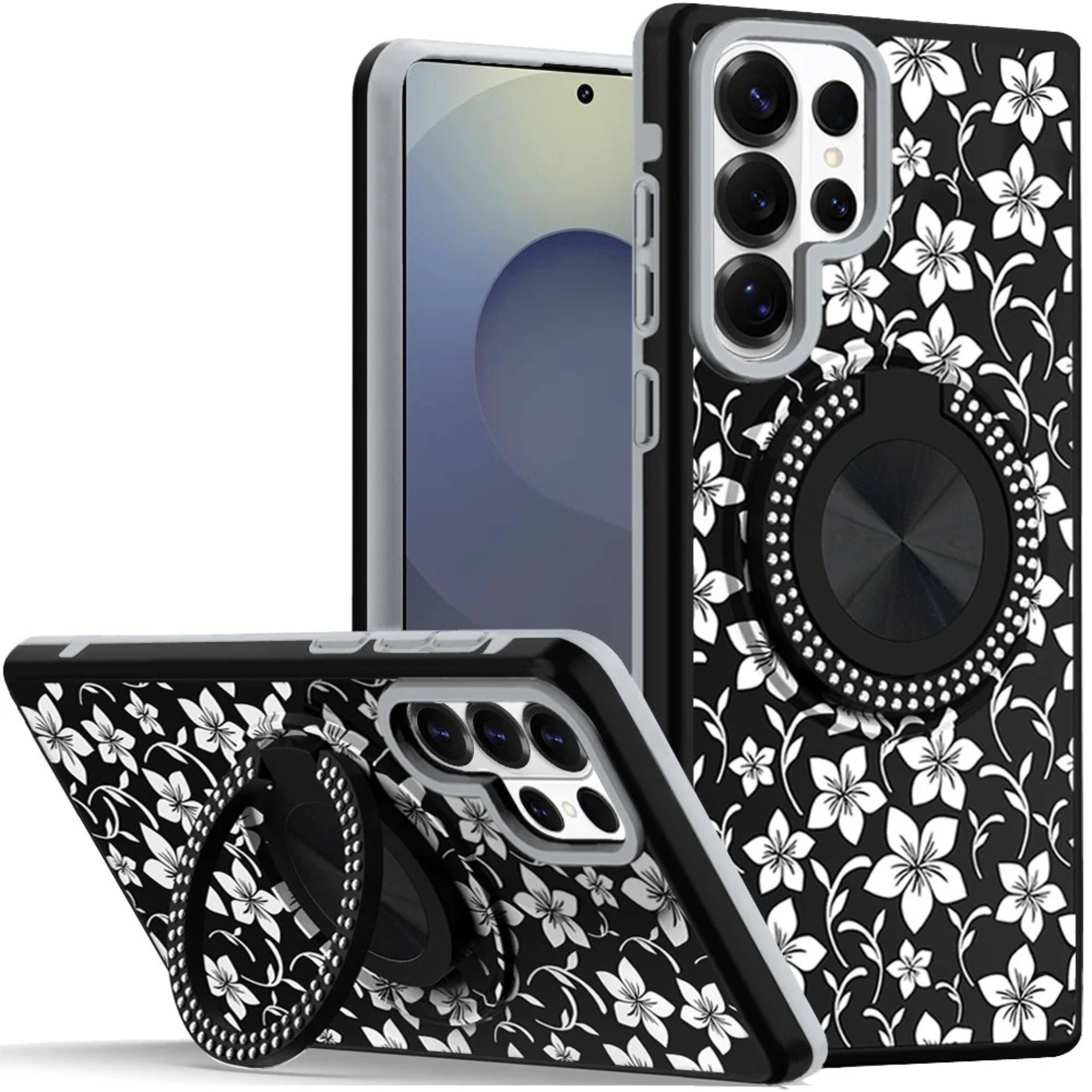 Front. Kitcheniva - Stylish Bling Ring Stand Protective Case With Tempered Glass For Samsung S26 Ultra Black Flowers - Black.