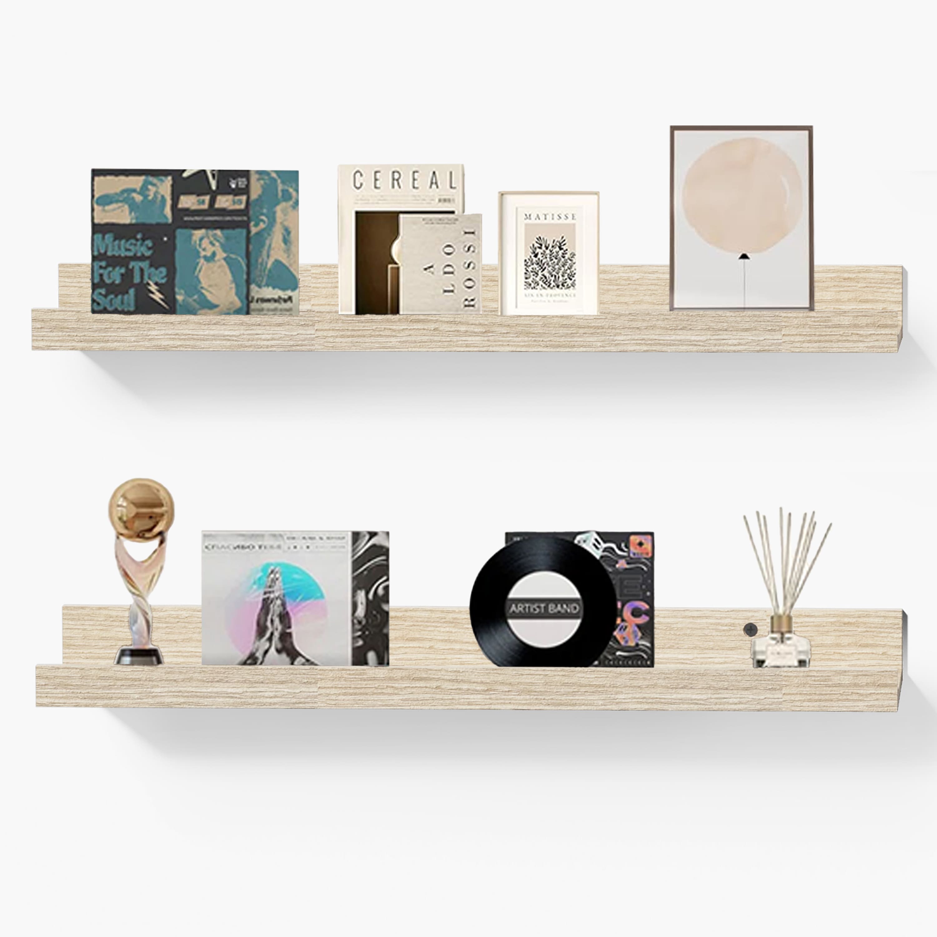 BOMEDA - 2 Pack 24 in Floating Picture Ledge Shelves, Modern Wood Wall Shelf for Photos, Books, Room Decor for Living Room - Oak