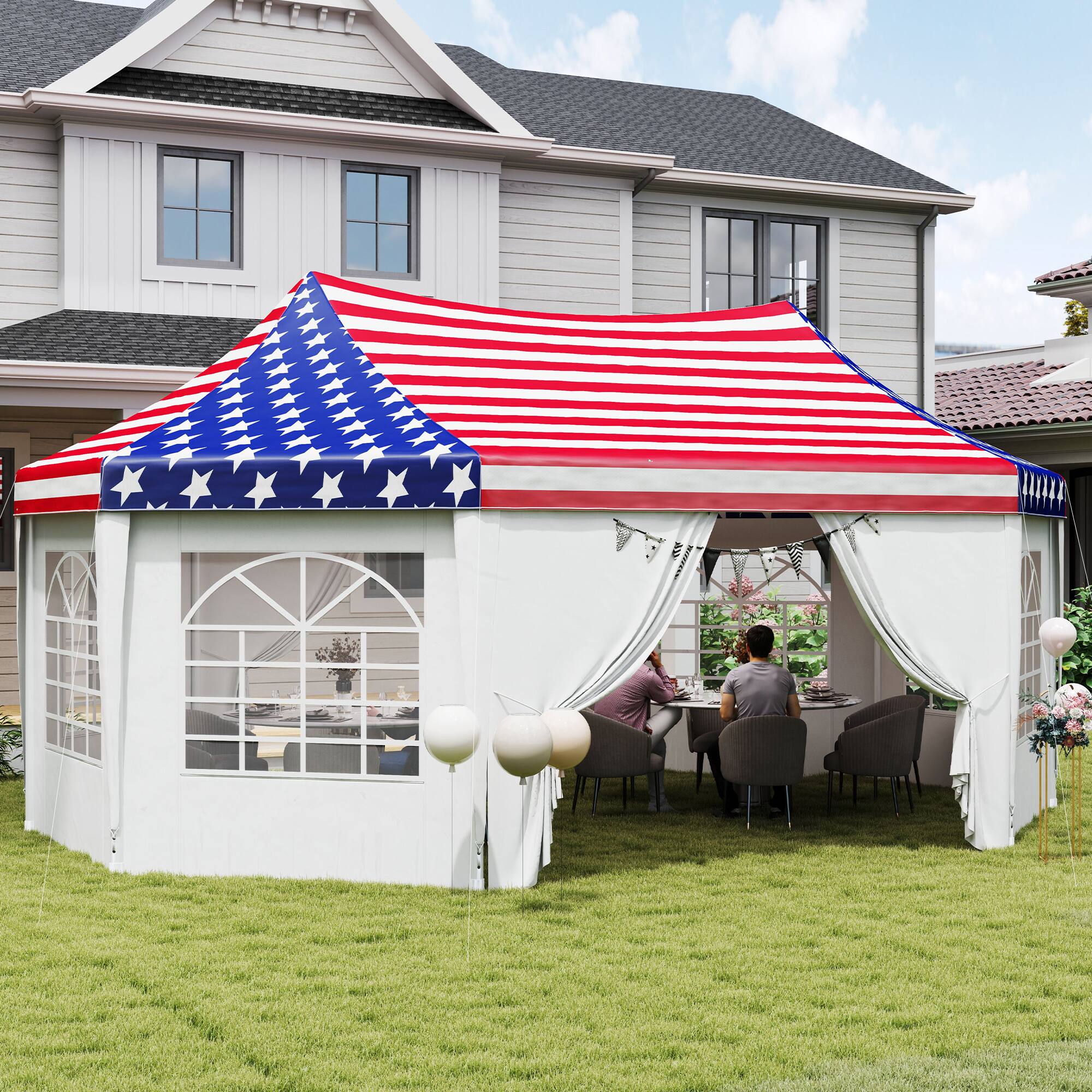 Alt View 1. Outsunny - 22.3 x 16.4 ft Party Tent, Wedding Tent with Sidewalls, Heavy Duty Canopy Tent Outdoot Gazebo - American Flag.