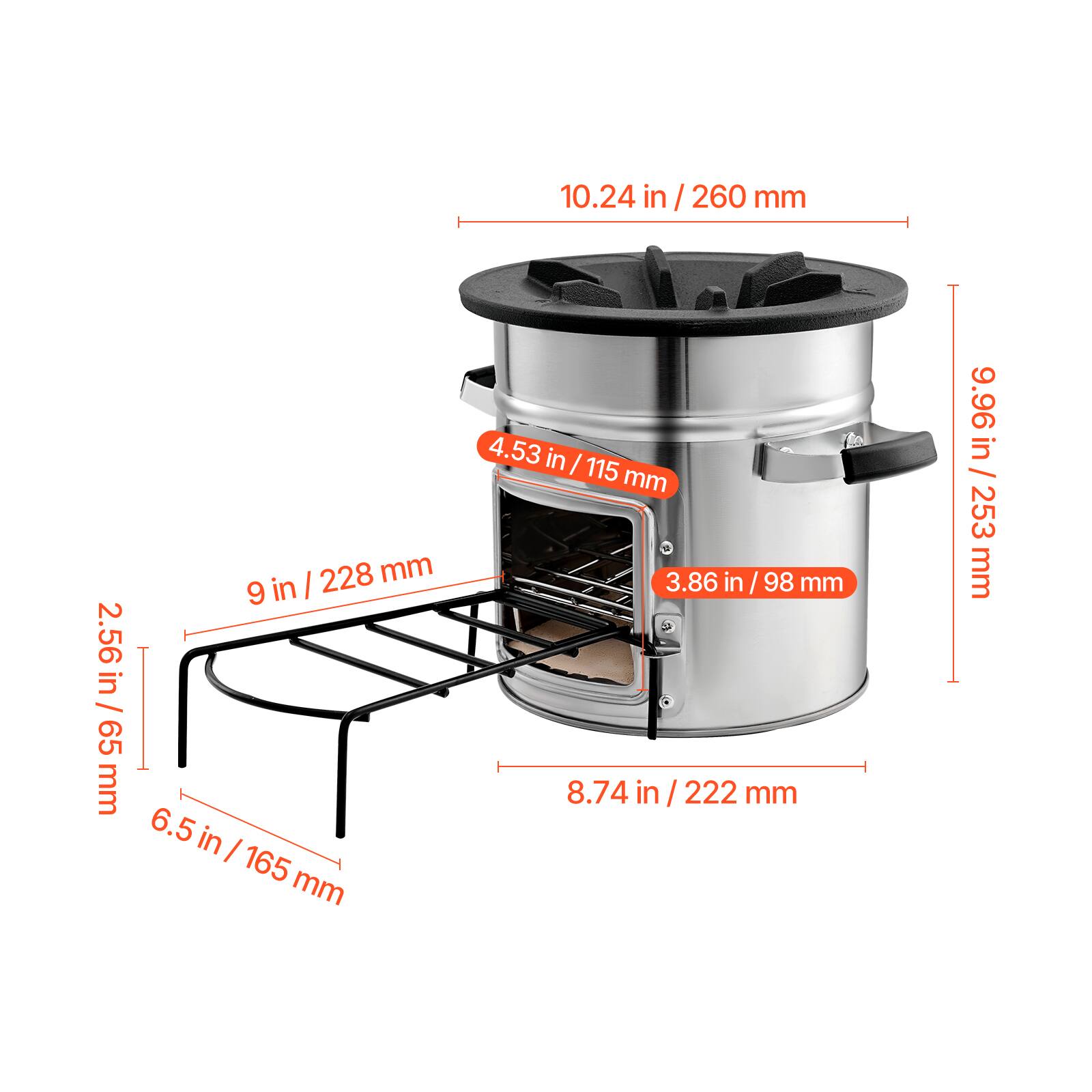 - 10.24 in / 260 mm
- 9.96 in / 253 mm
- 8.74 in / 222 mm
- 4.53 in / 115 mm
- 3.86 in / 98 mm
- 9 in / 228 mm
- 6.5 in / 165 mm
- 2.56 in / 65 mm