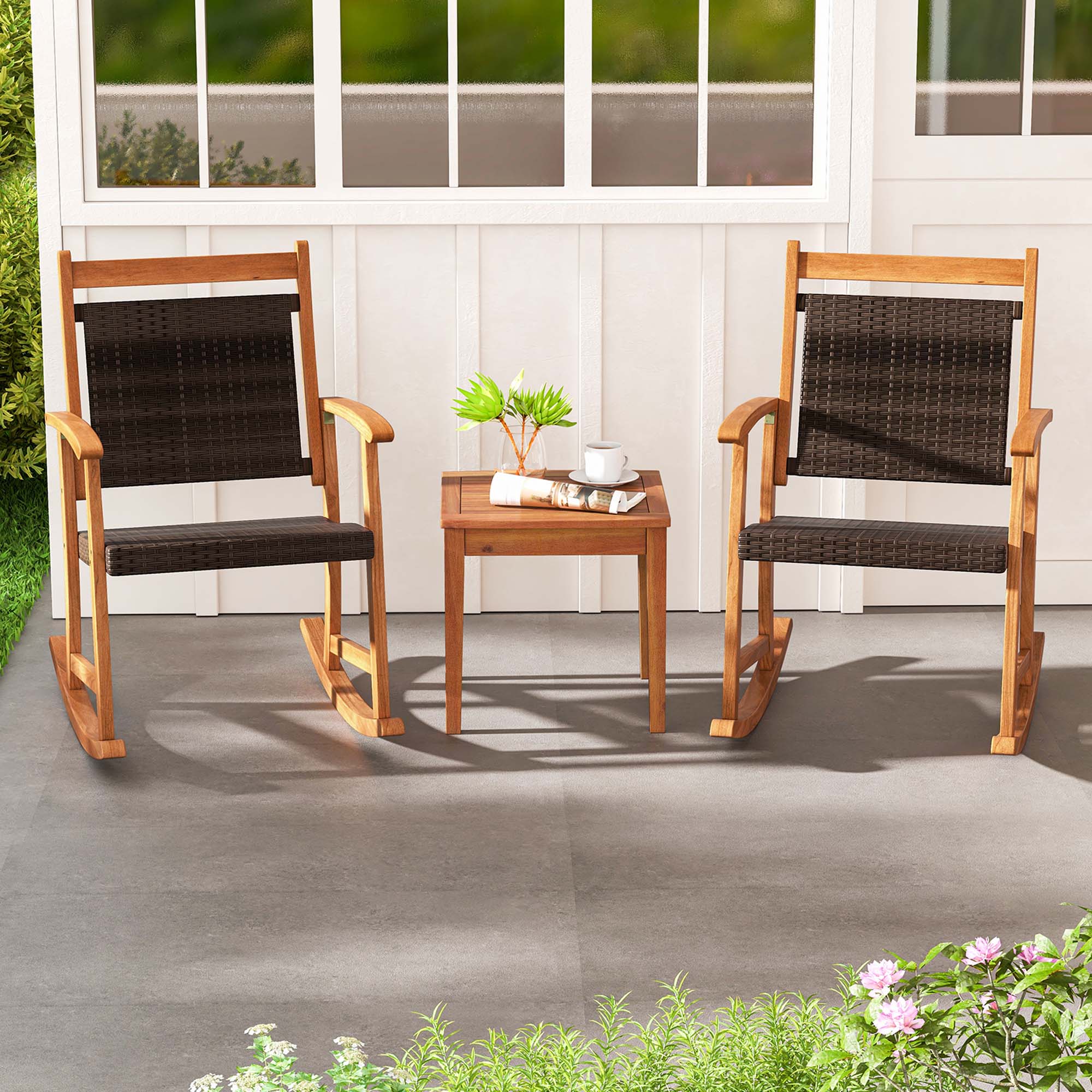 Alt View 1. Costway - Costway 3PCS Patio Rattan Rocking Chair Bistro Set Acacia Wood Frame Armrest - Mix Brown,Natural.