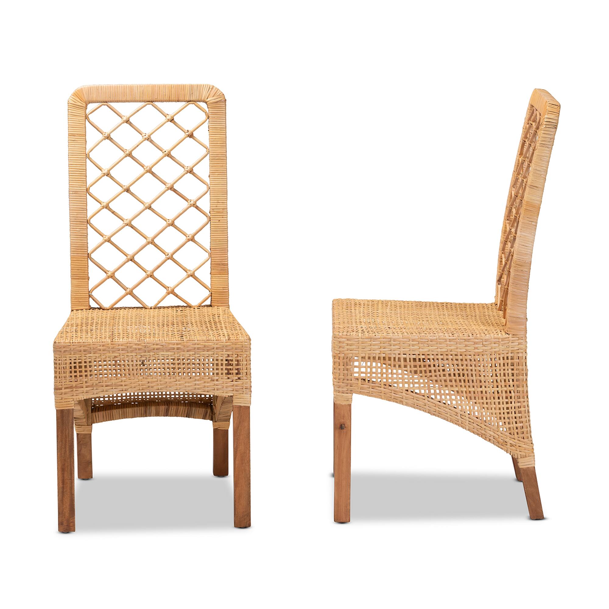 Left. bali & pari - Moscow Modern Bohemian Rattan and Mahogany Wood 2-Piece Dining Chair Set - Natural Brown/Walnut Brown.