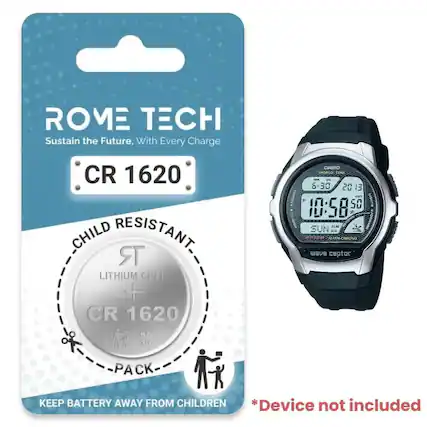 ROME TECH
Sustain the Future, With Every Charge
CR 1620
CHILD RESISTANT
LITHIUM CELL
CR 1620
SO V8
CASIO WORLD TIME
D0 8-30 20 13
CRTFON
10:58 50 AM
SUN
WHSOM
ACABAL
CHEONO
Wave ceptor
PACK
KEEP BATTERY AWAY FROM CHILDREN
*Device not included