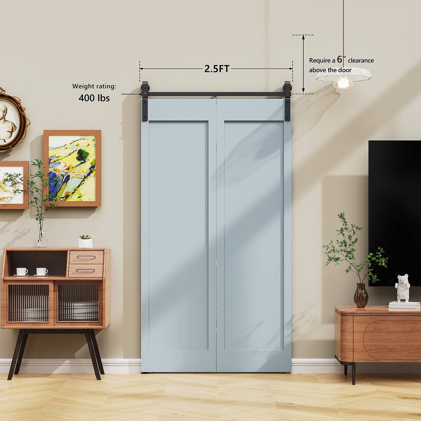 2.5FT  
Weight rating: 400 lbs  
Require a 6" clearance above the door