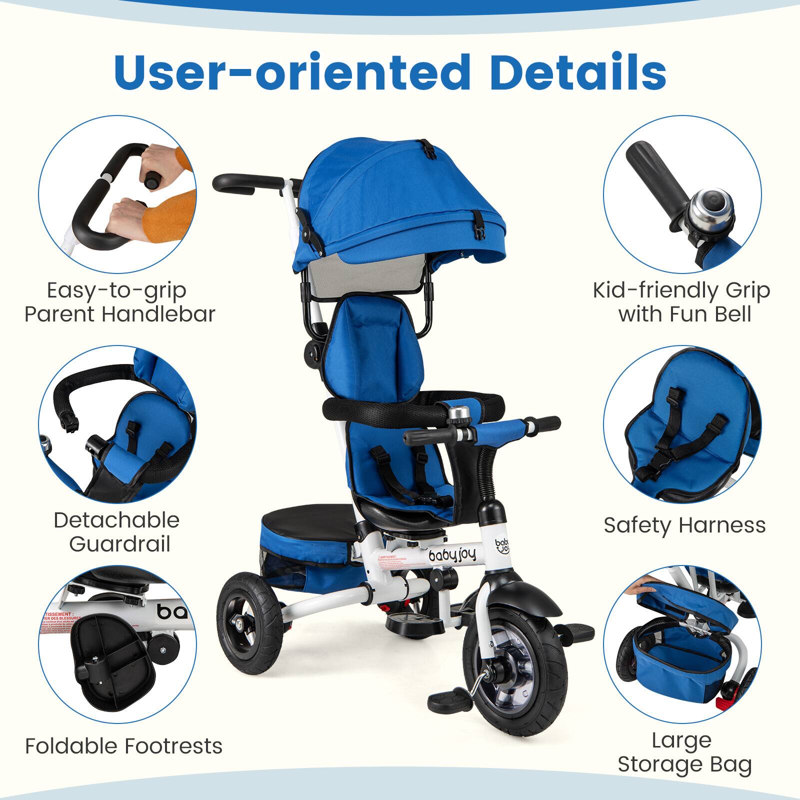 User-oriented Details

- Easy-to-grip Parent Handlebar
- Kid-friendly Grip with Fun Bell
- Detachable Guardrail
- Safety Harness
- Foldable Footrests
- Large Storage Bag