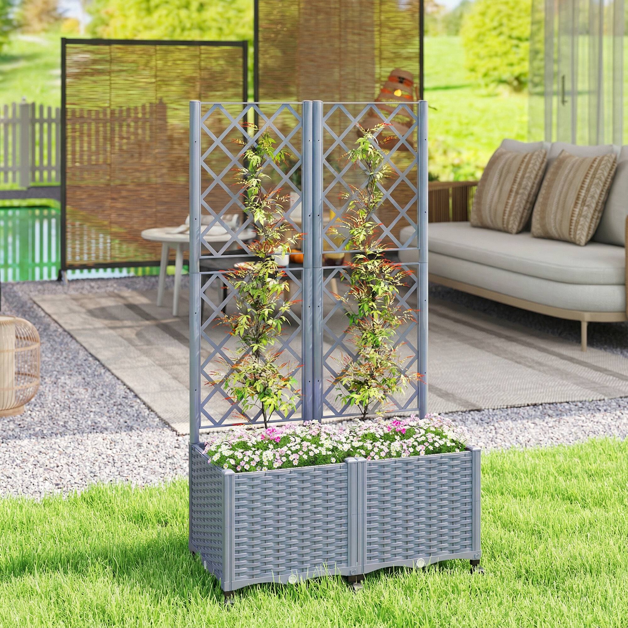 Alt View 1. Outsunny - Planter Box with Trellis, Self Watering Raised Garden Bed with Lockable Wheels, 56.3" Trellis Privacy Planter.