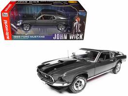 Autoworld - 1969 Ford Mustang Dark Gray Metallic with Black Stripes "John Wick" (2014) Movie "Silver Screen Machines" Series 1/18 - Dark Gray Metallic and Black