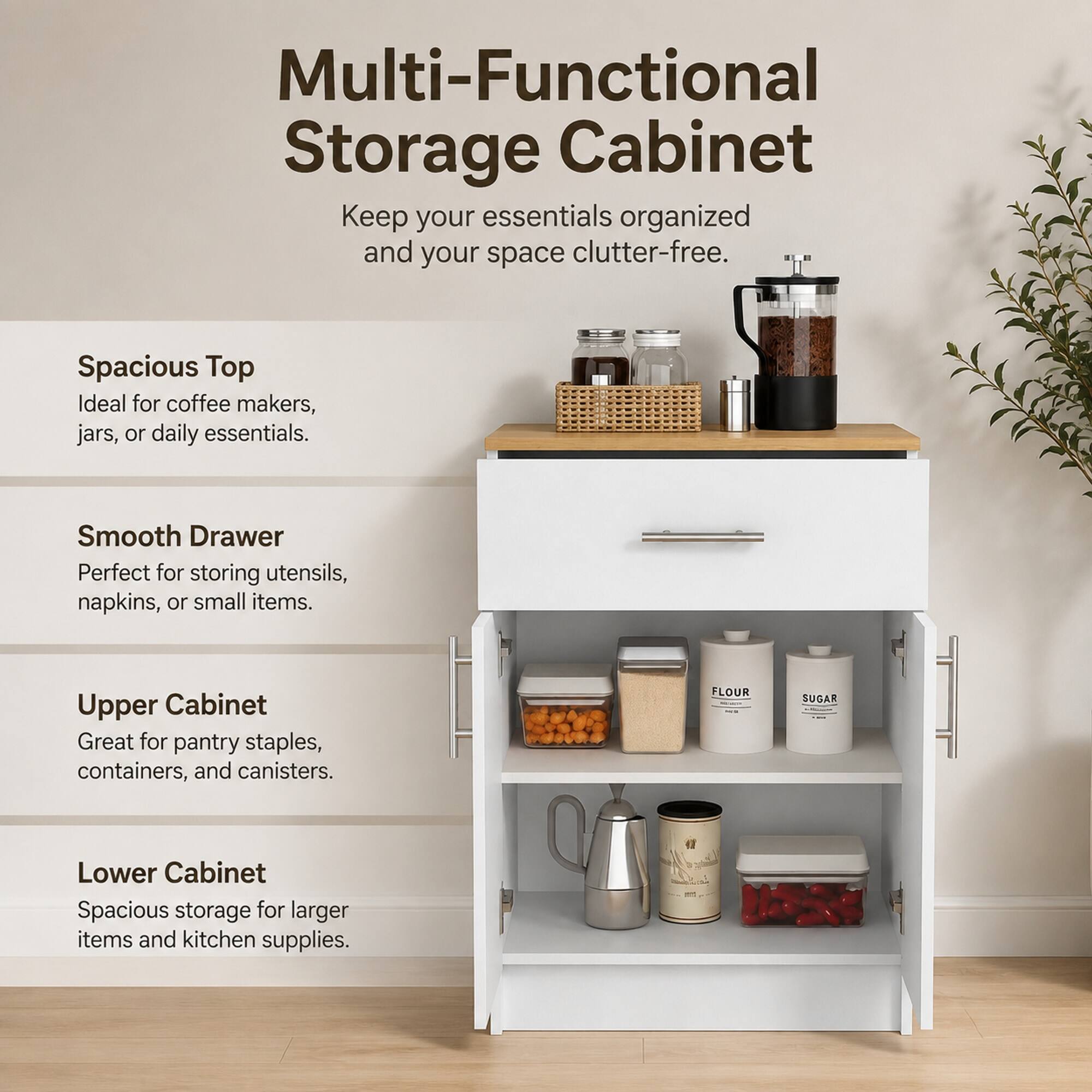 Multi-Functional Storage Cabinet  
Keep your essentials organized and your space clutter-free.  

Spacious Top  
Ideal for coffee makers, jars, or daily essentials.  

Smooth Drawer  
Perfect for storing utensils, napkins, or small items.  

Upper Cabinet  
Great for pantry staples, containers, and canisters.  

Lower Cabinet  
Spacious storage for larger items and kitchen supplies.  

FLOUR  
SUGAR