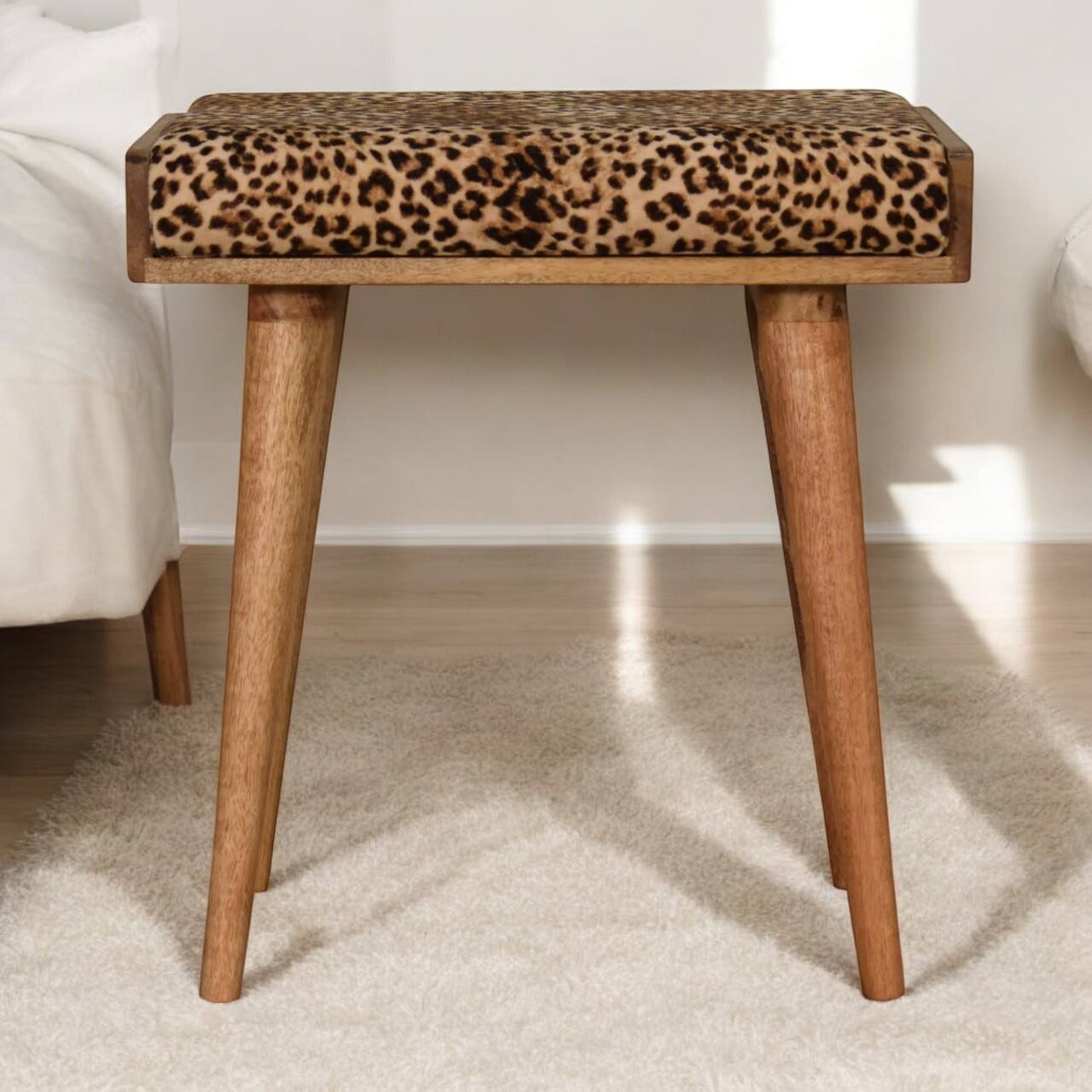 Alt View 4. Artisan Furniture - Artisan Furniture Solid Wood Leopard Velvet Tray Style Footstool, Upholstered, Leopard Print - Brown.